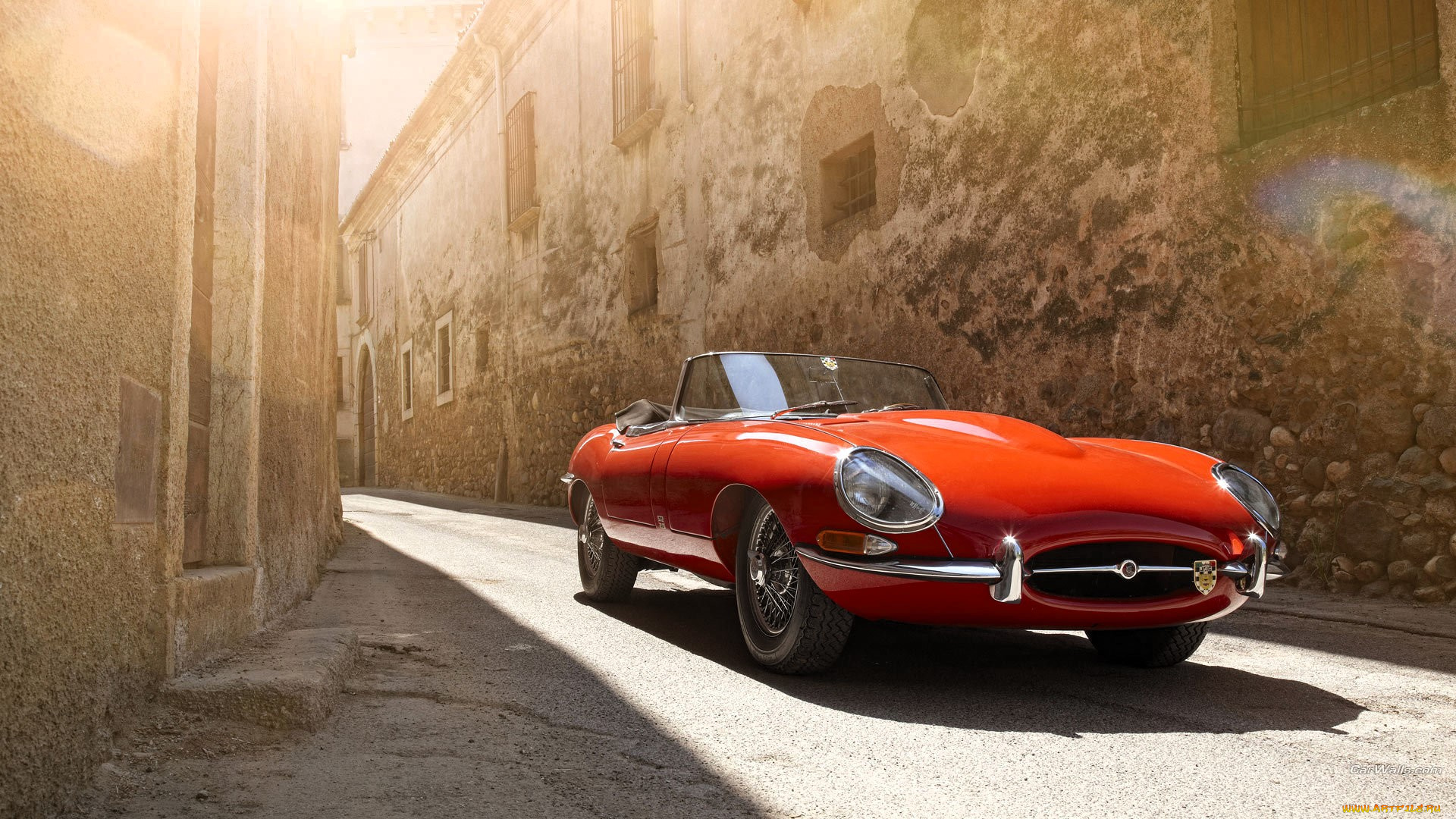 jaguar, e-type, автомобили, jaguar, красный, улица, дома