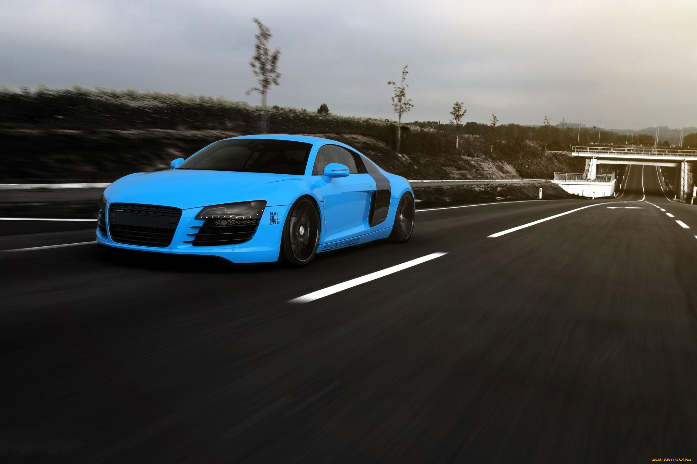 audi, r-8, автомобили, audi, голубой, скорость, дорога, мост