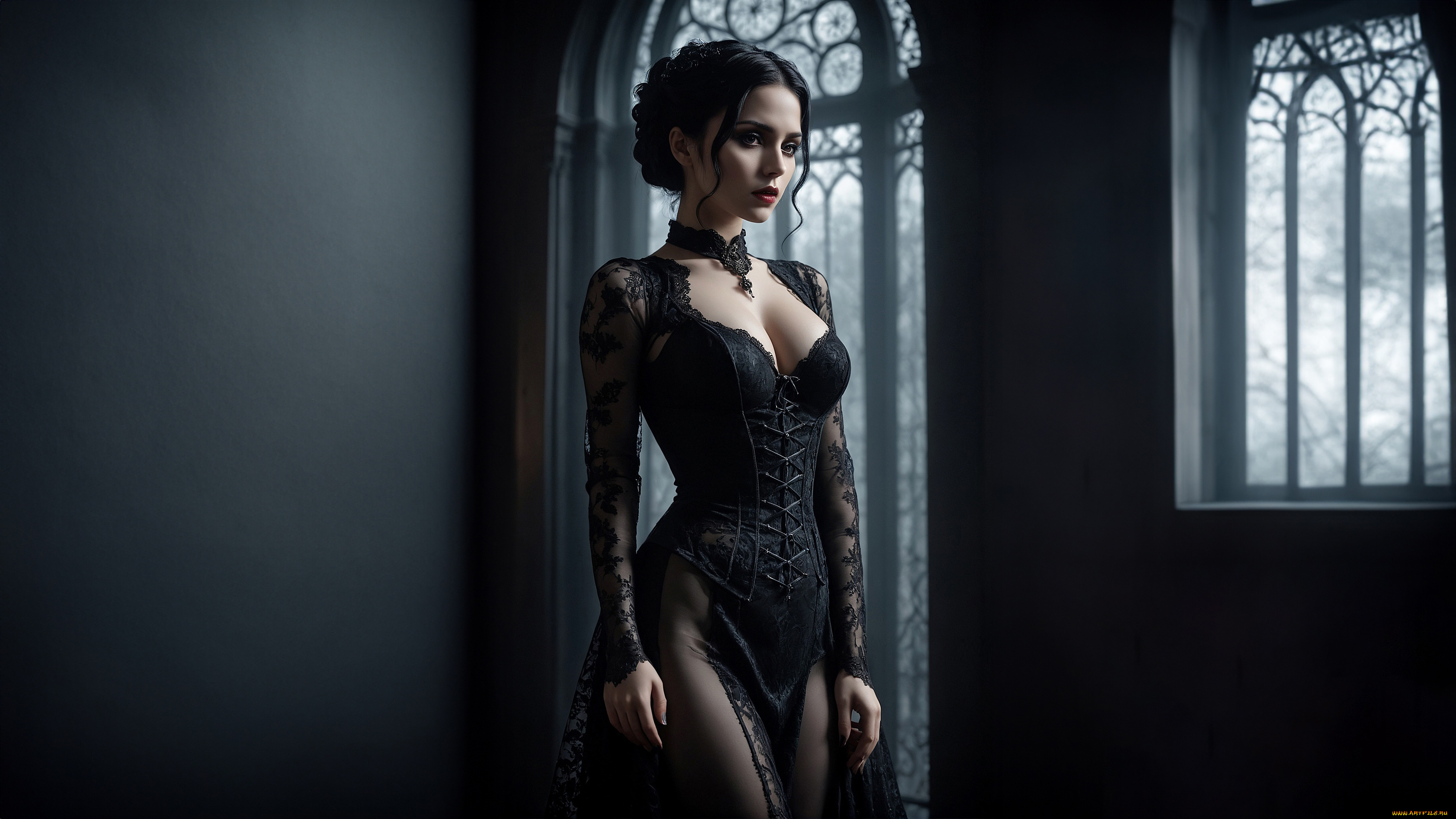 бестия, 3д, графика, люди, , people, dark, cleavage, gothic, black, dress, ai, art, neck, cuff