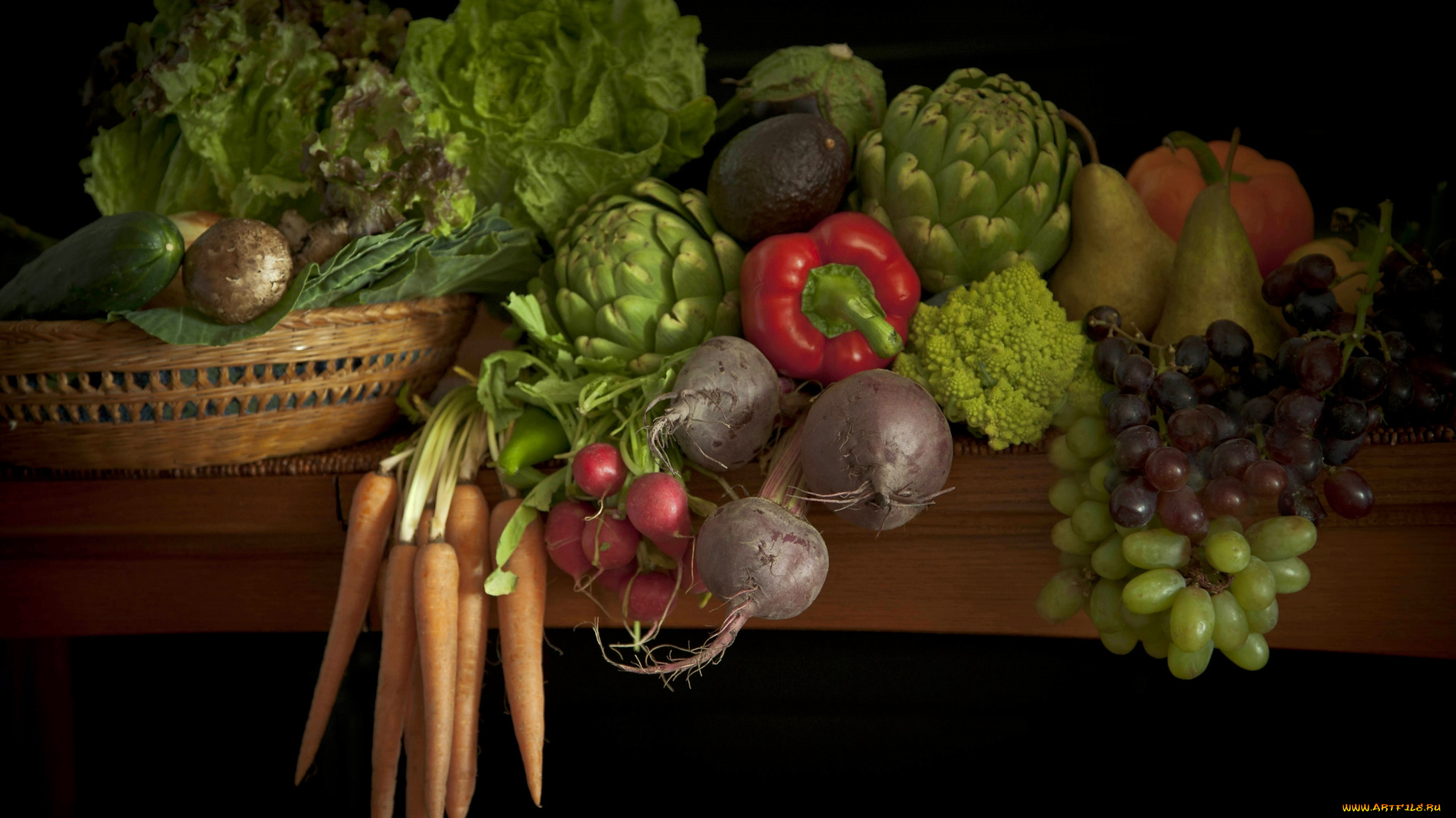 еда, фрукты, овощи, вместе, виноград, груши, свекла, артишоки, перец, морковь