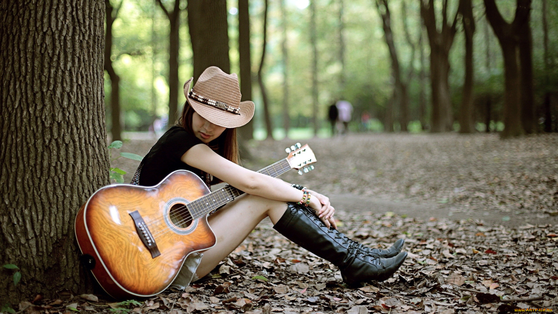 музыка, другое, шляпа, гитара, парк, девушка