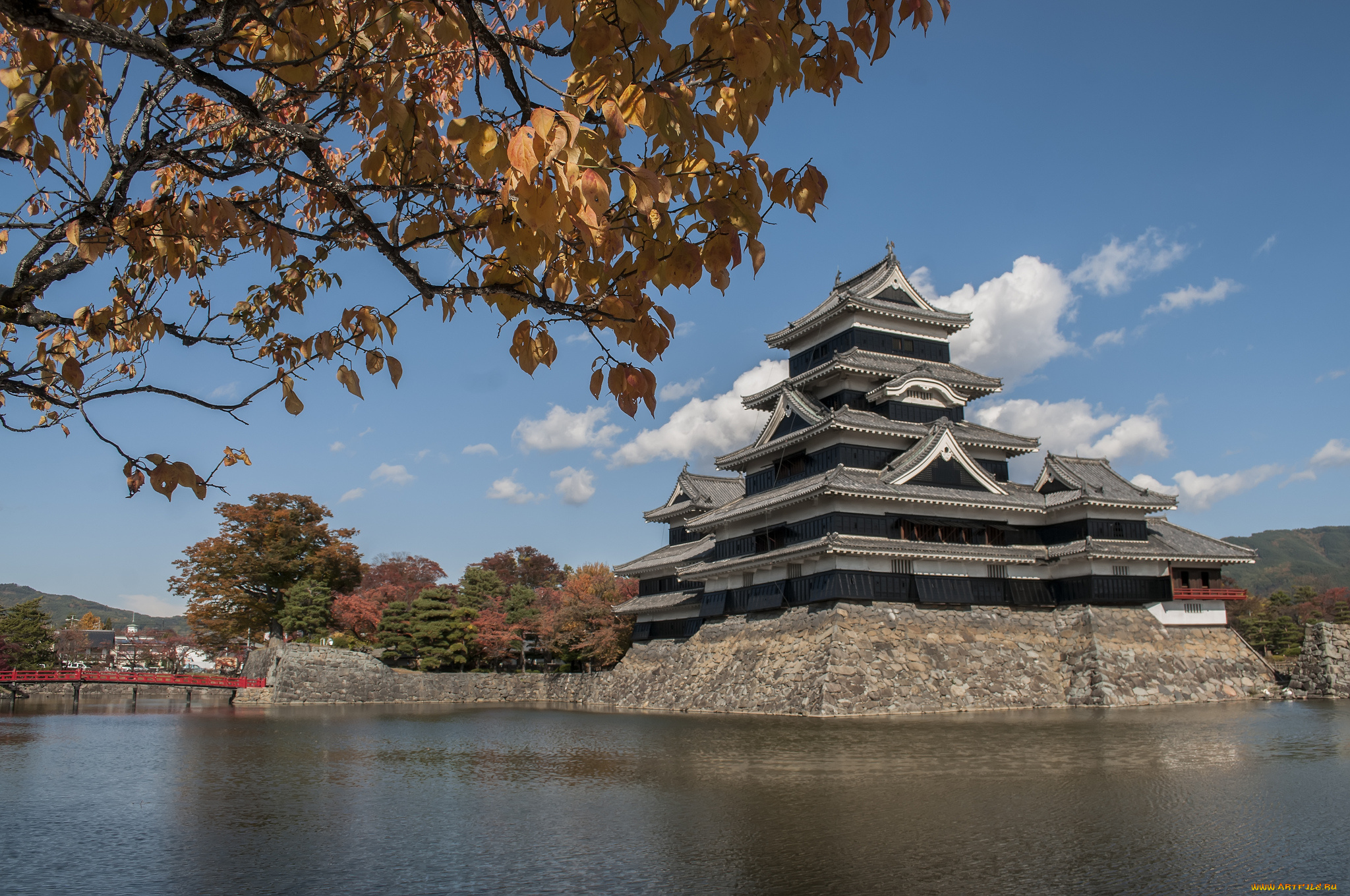 matsumoto, castle, japan, города, замки, Японии, мацумото, замок, ветки, листья, вода, Япония, karasu-jo