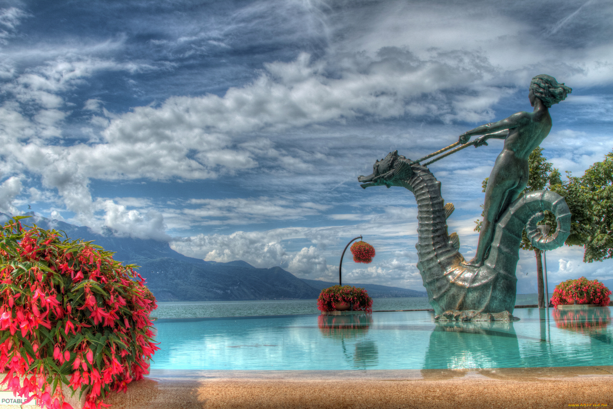 vevey, switzerland, города, фонтаны, женевское, озеро, швейцария, веве, lake, geneva, скульптура, пейзаж, цветы