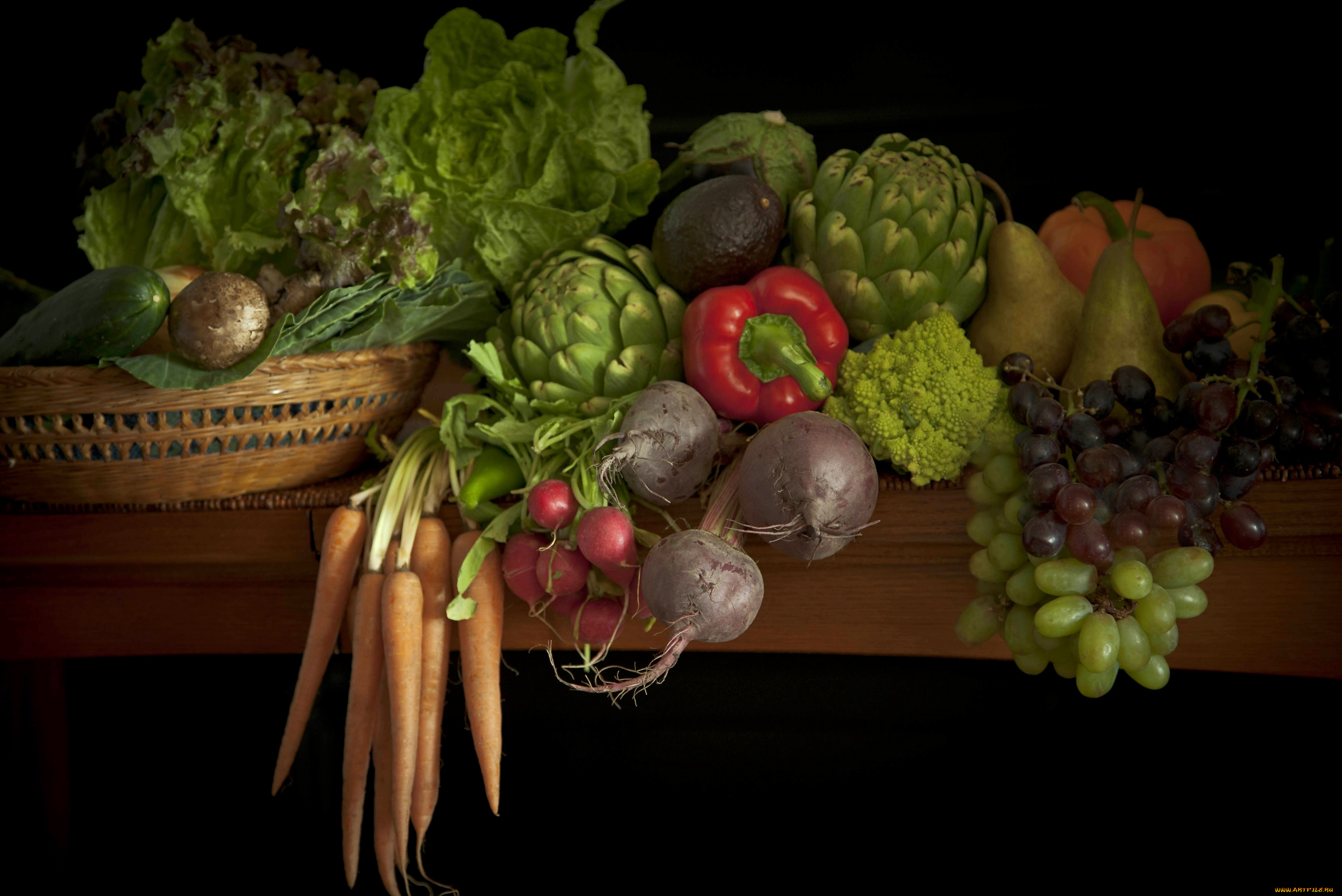еда, фрукты, овощи, вместе, виноград, груши, свекла, артишоки, перец, морковь
