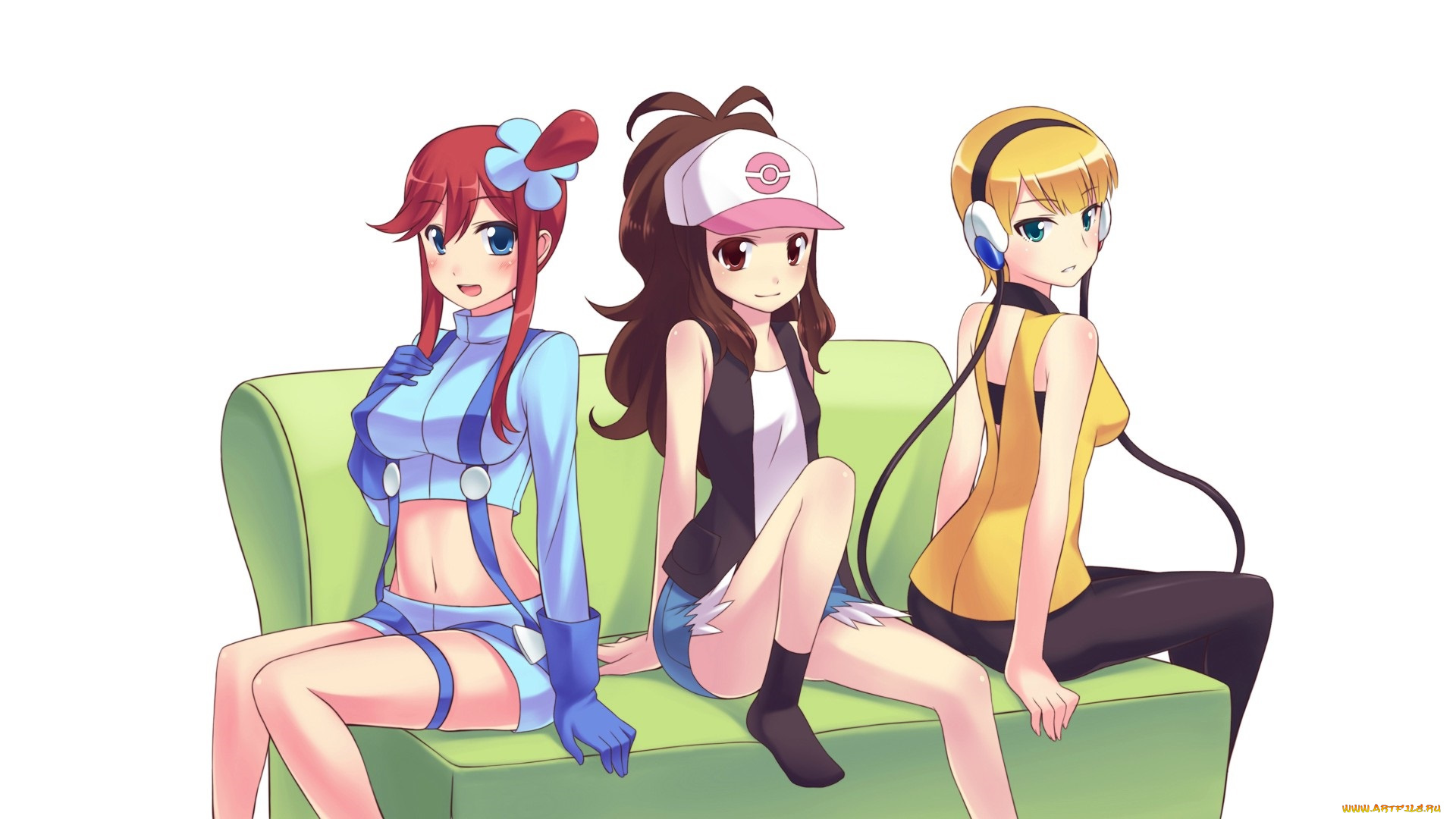 аниме, pokemon, девушки, покемон, арт, трио, белый, фон