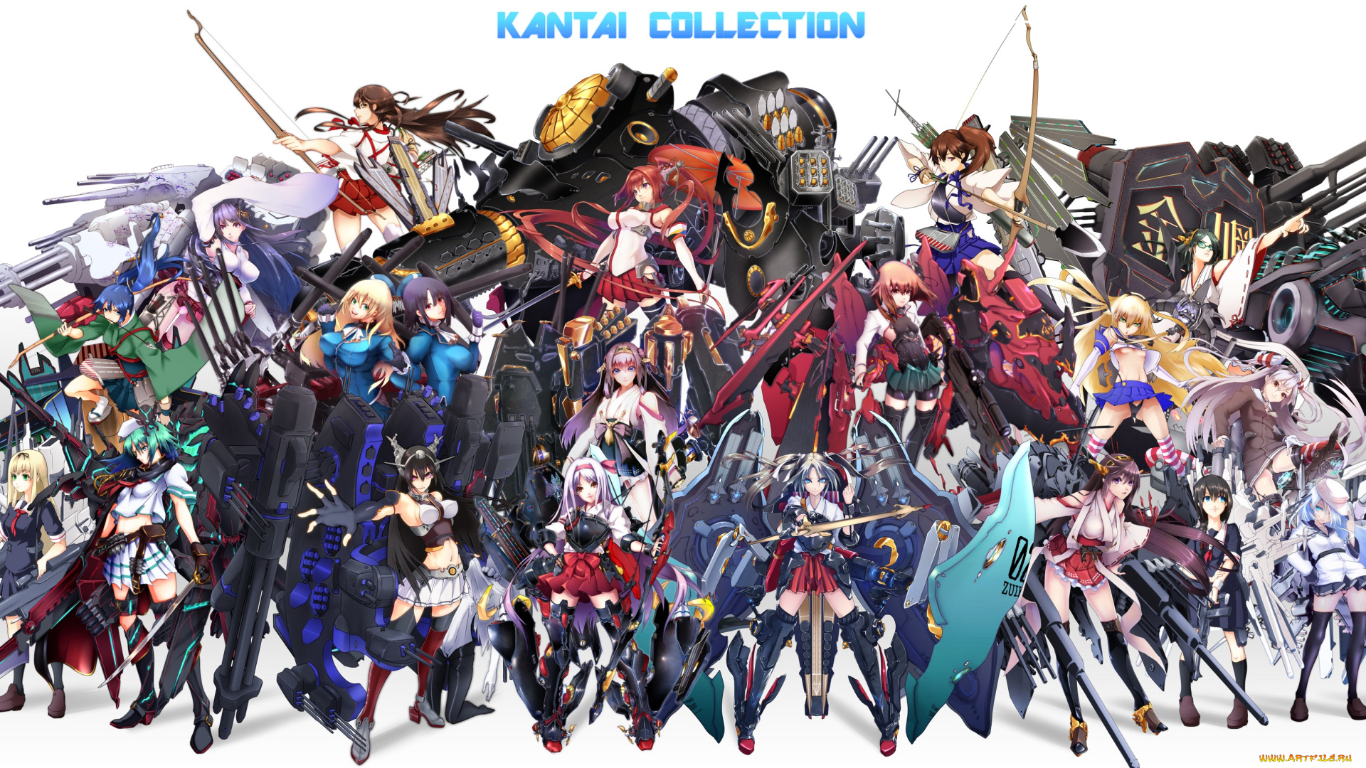 kantai, collection, аниме, девушки, персонажи, оружие, белый, фон