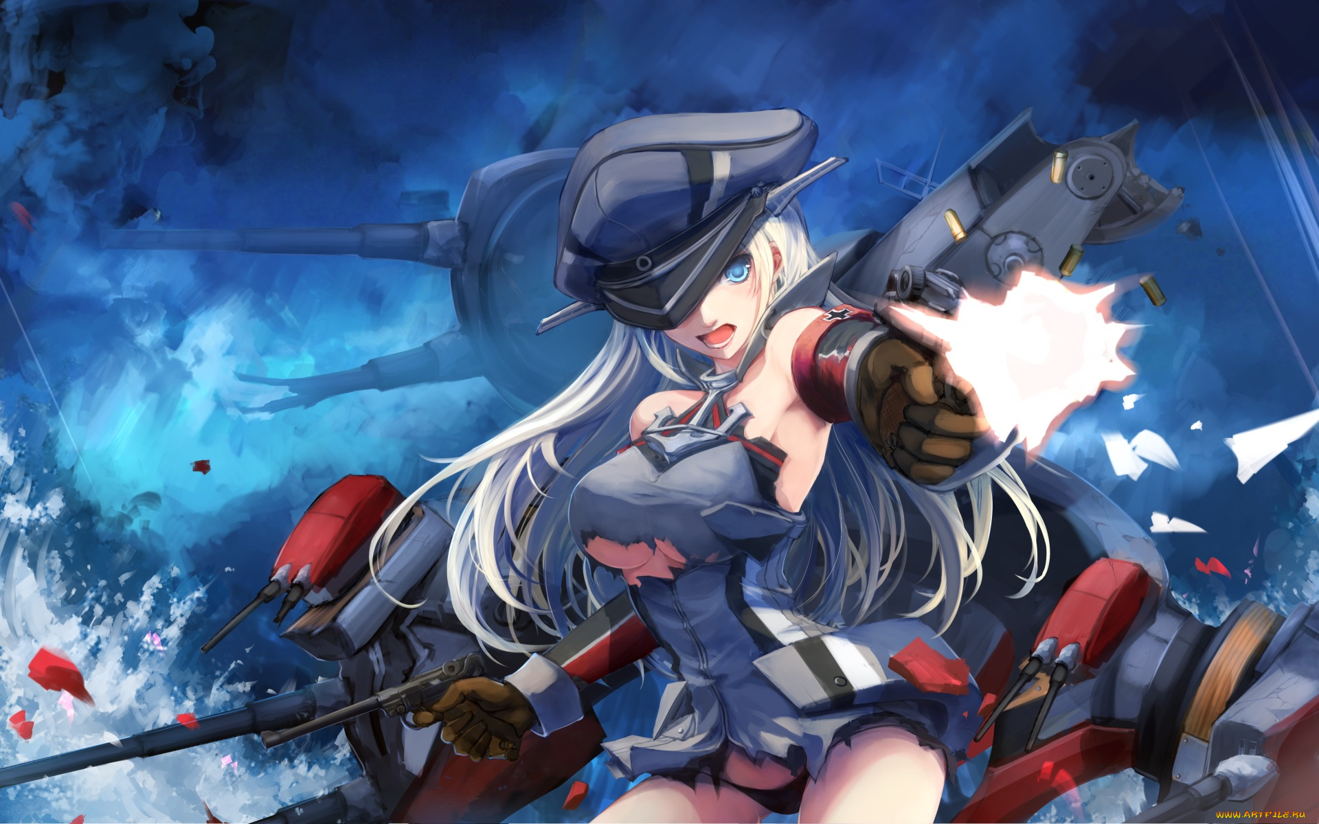 аниме, kantai, collection, арт, злость, кепка, девушка, выстрелы, техника, гильзы, оружие