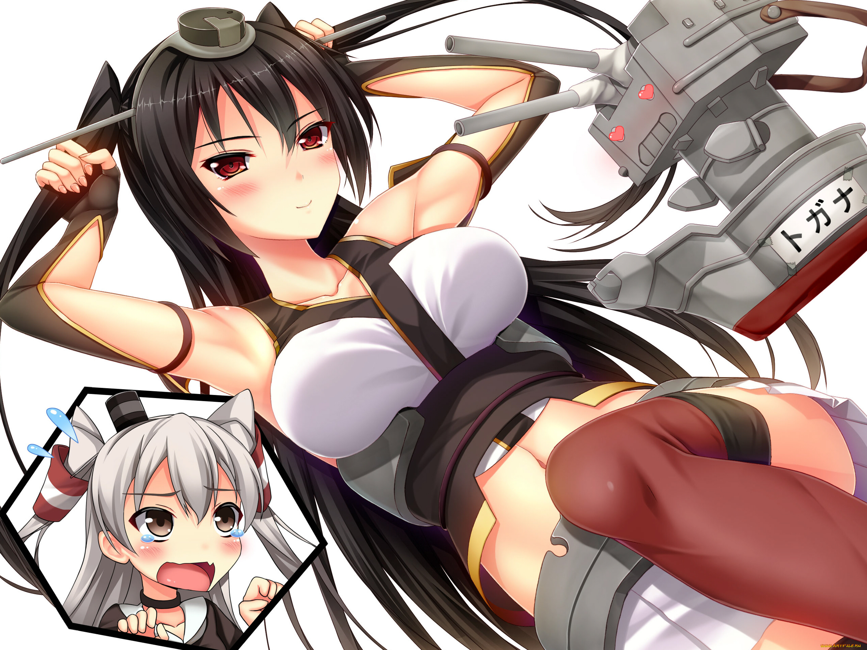 аниме, kantai, collection, девушки, сердечки, робот, белый, фон, влюблённый