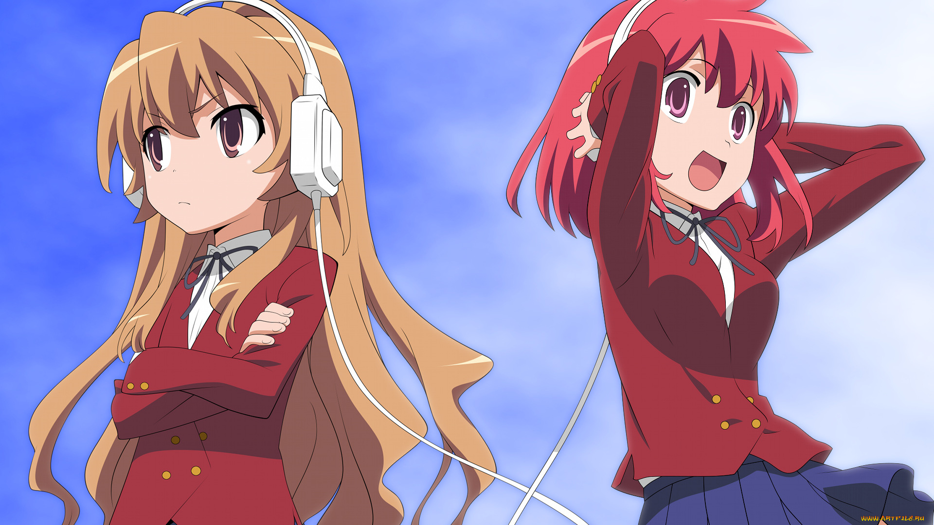 аниме, toradora, девушки, взгляд, фон