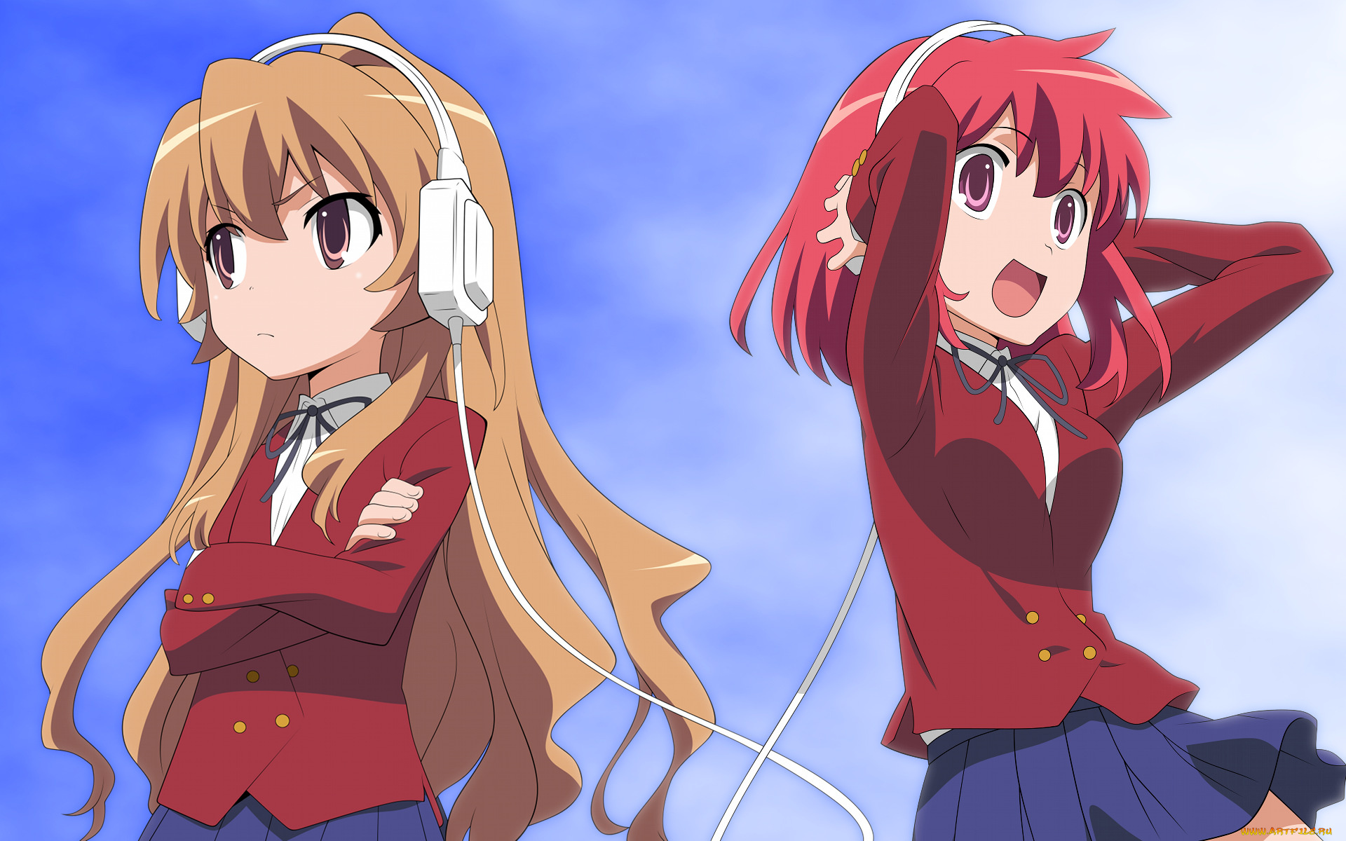 аниме, toradora, девушки, взгляд, фон