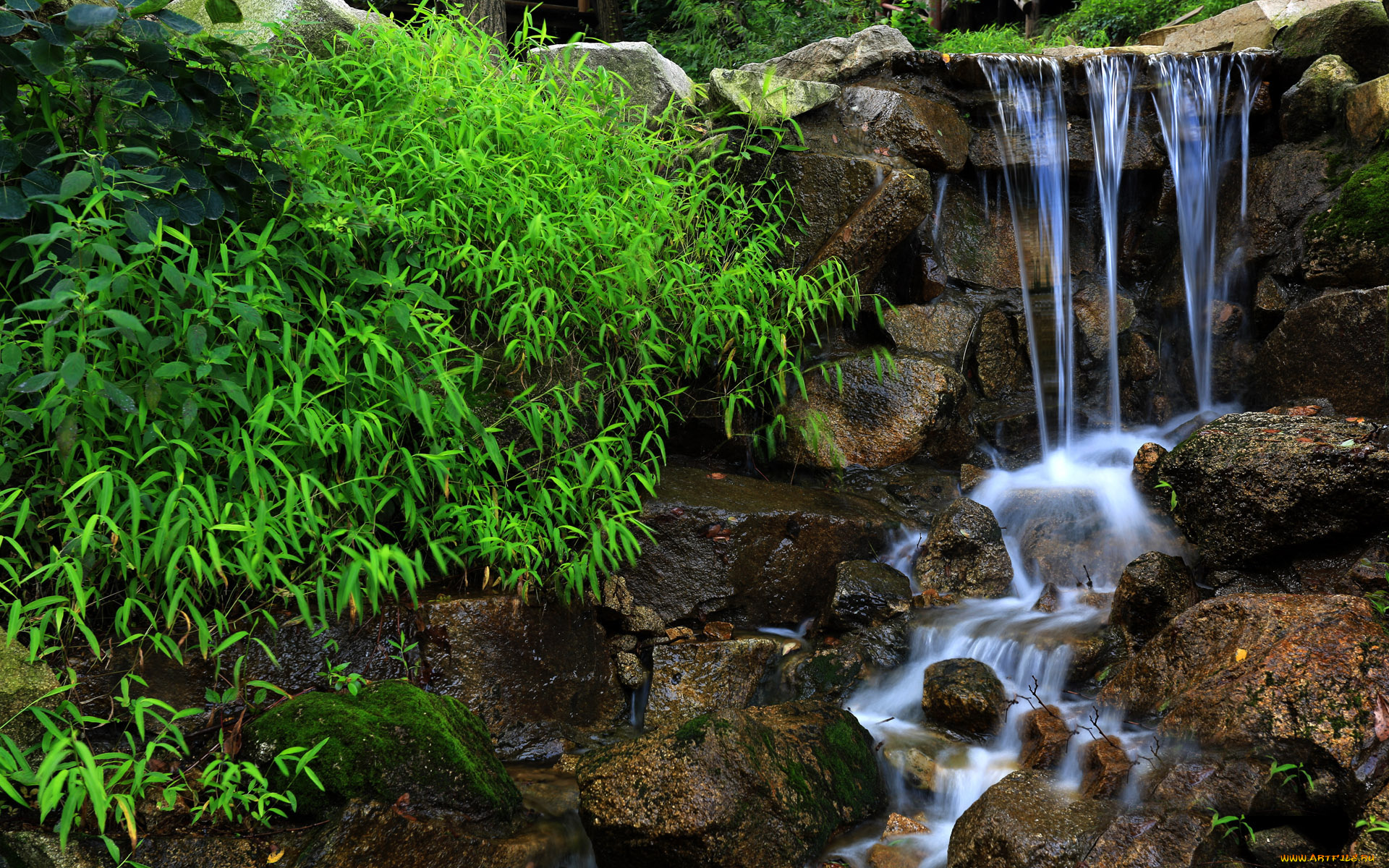 природа, водопады, зелень, камни, ручей