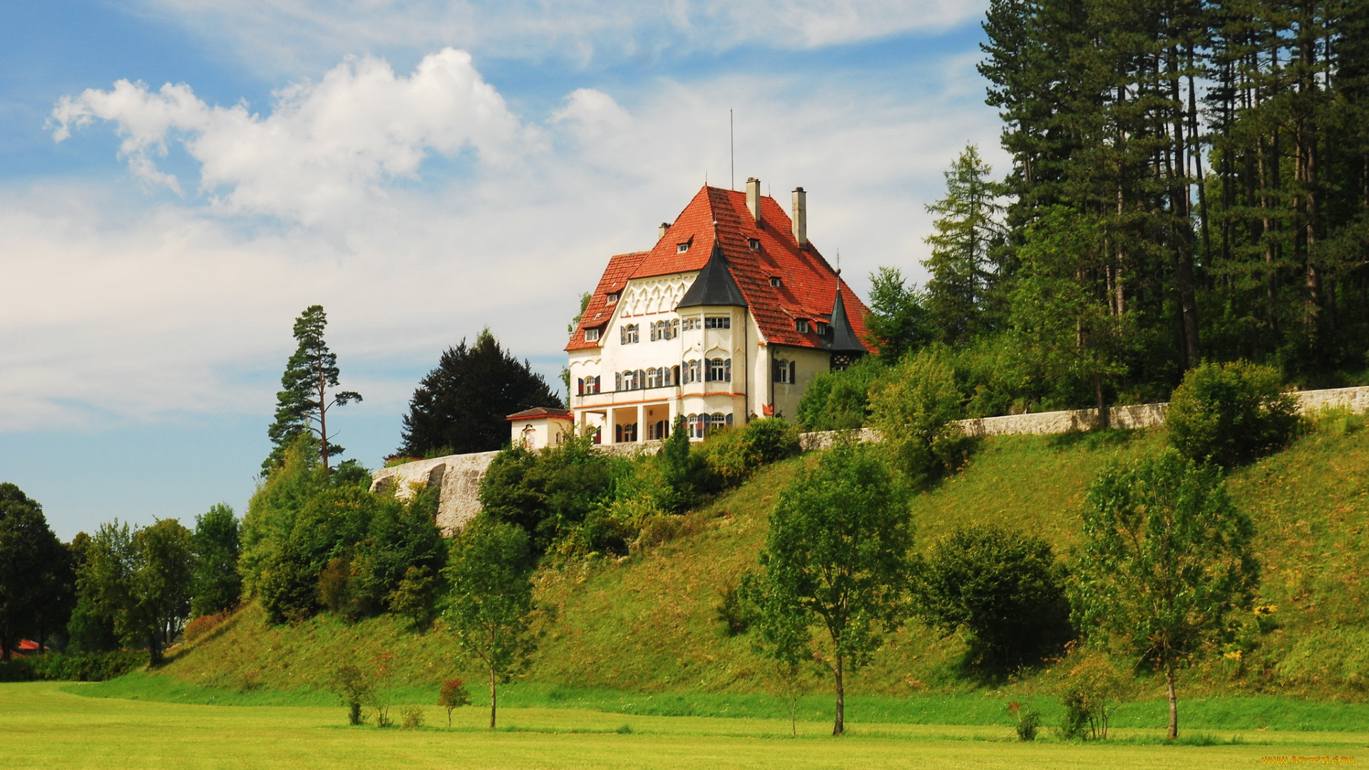 германия, schwangau, города, здания, дома, дорога, лес, дом