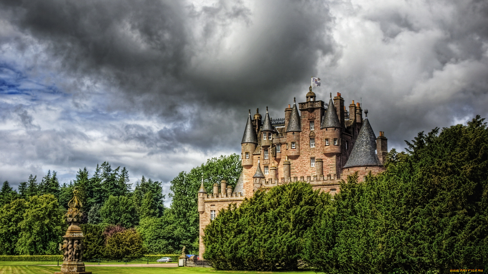 glamis, castle, scotland, города, дворцы, замки, крепости, лужайка, парк, замок