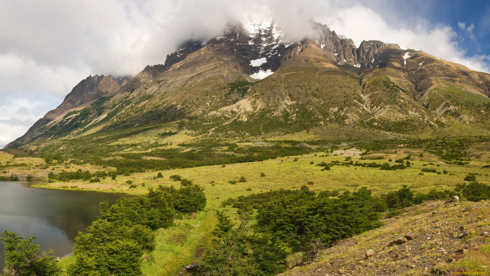 torres, del, paine, national, park, chile, природа, горы, деревья, дымка, лес, озеро