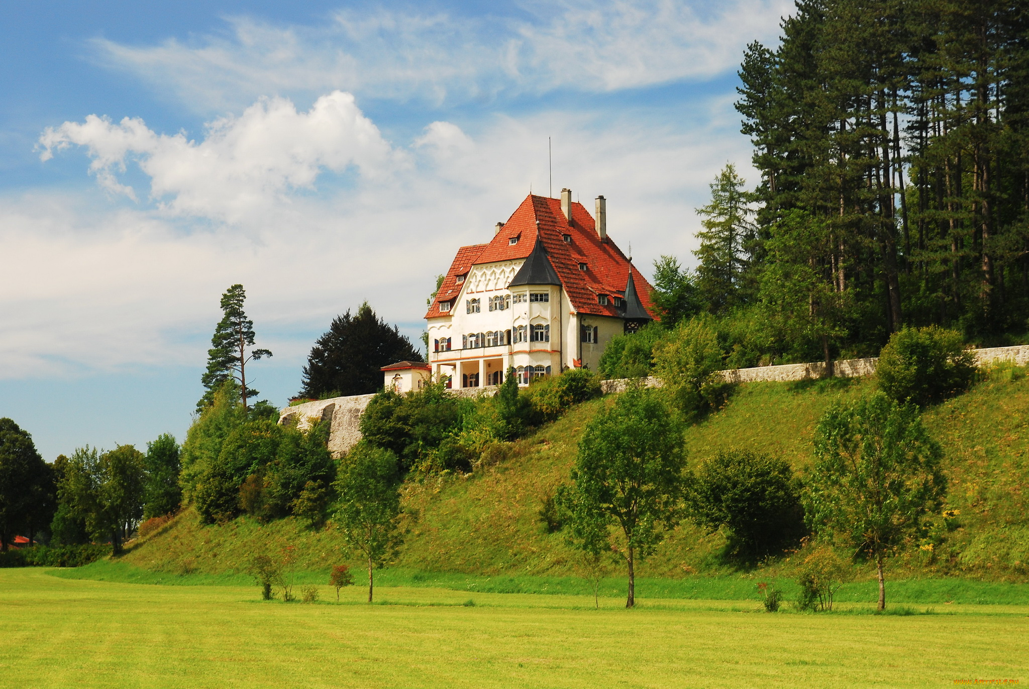 германия, schwangau, города, здания, дома, дорога, лес, дом