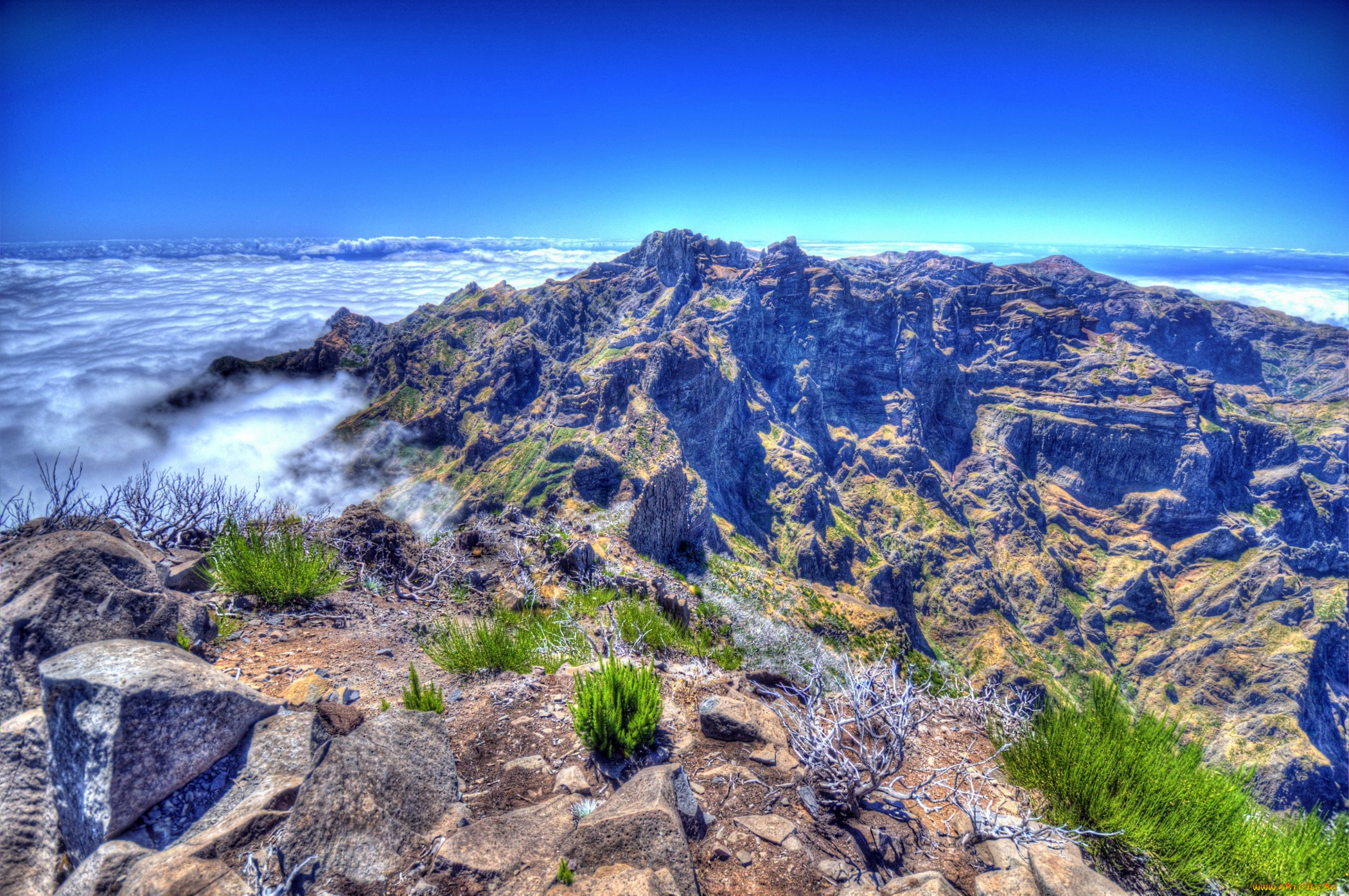 португалия, madeira, природа, горы, скалы, облака, трава, панорама