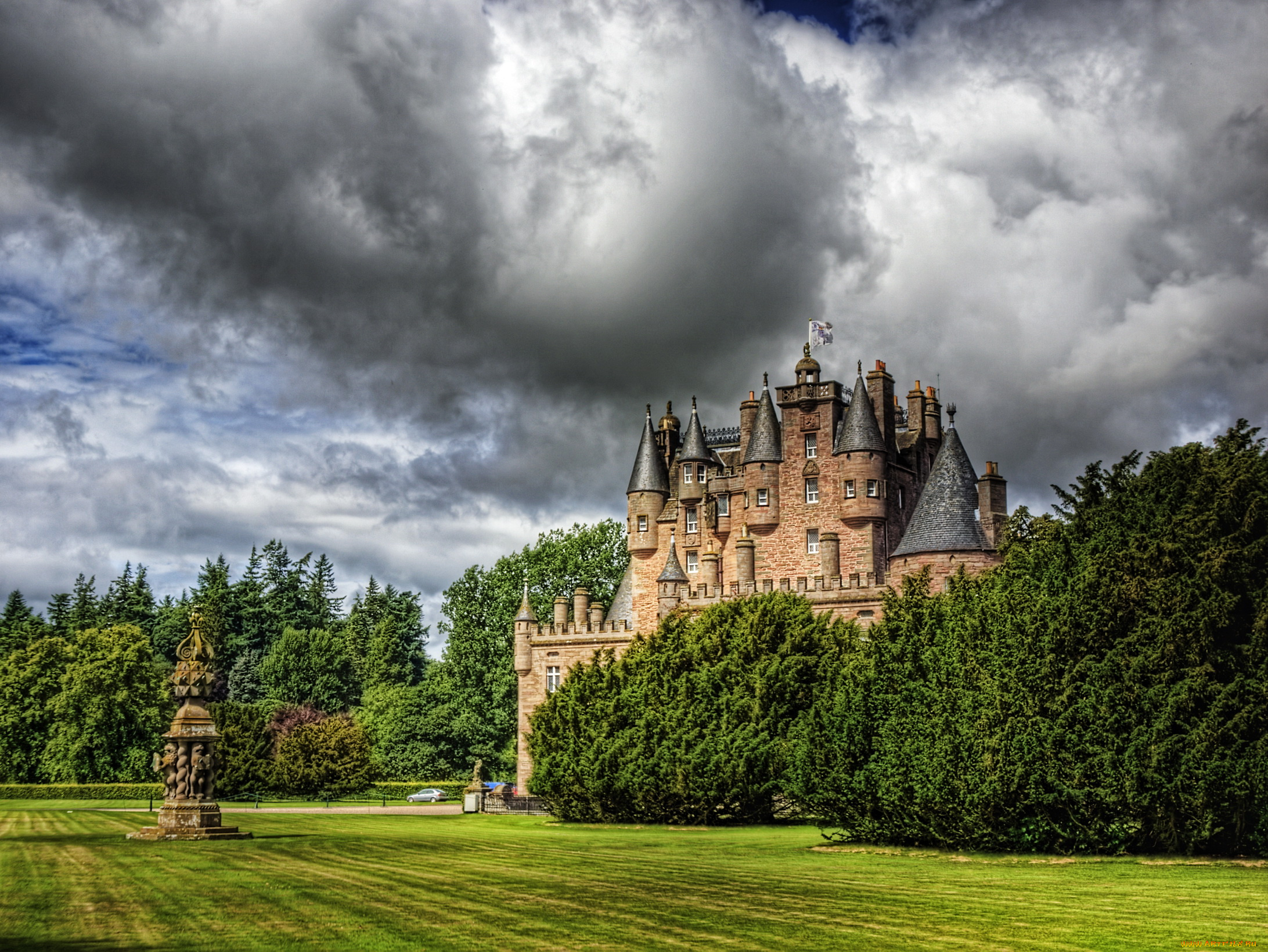 glamis, castle, scotland, города, дворцы, замки, крепости, лужайка, парк, замок