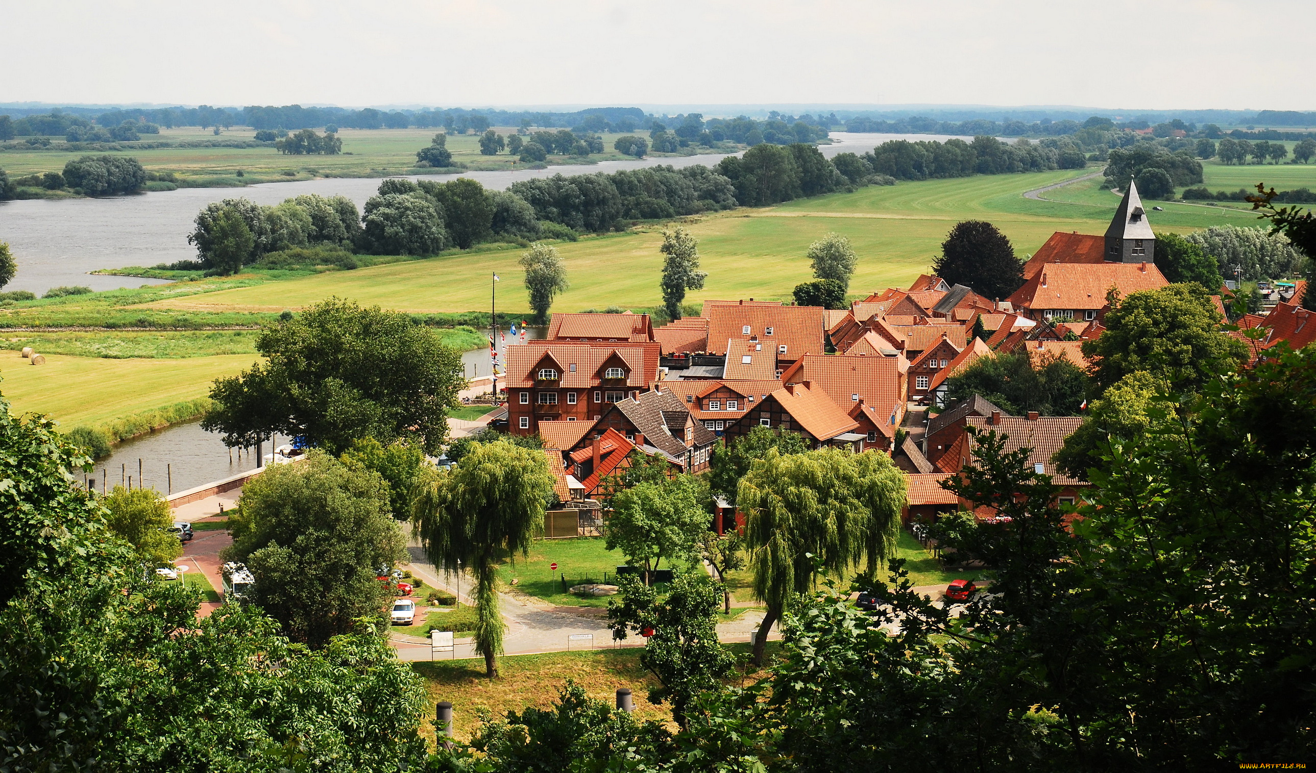 hitzacker, германия, города, панорамы, дома, деревья, поля