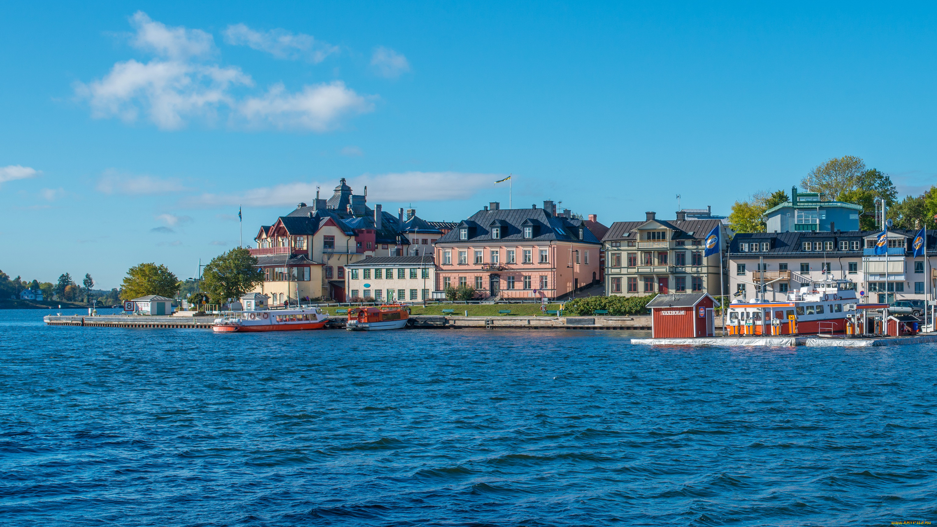 швеция, стокгольм, vaxholm, города, река, набережная, дома