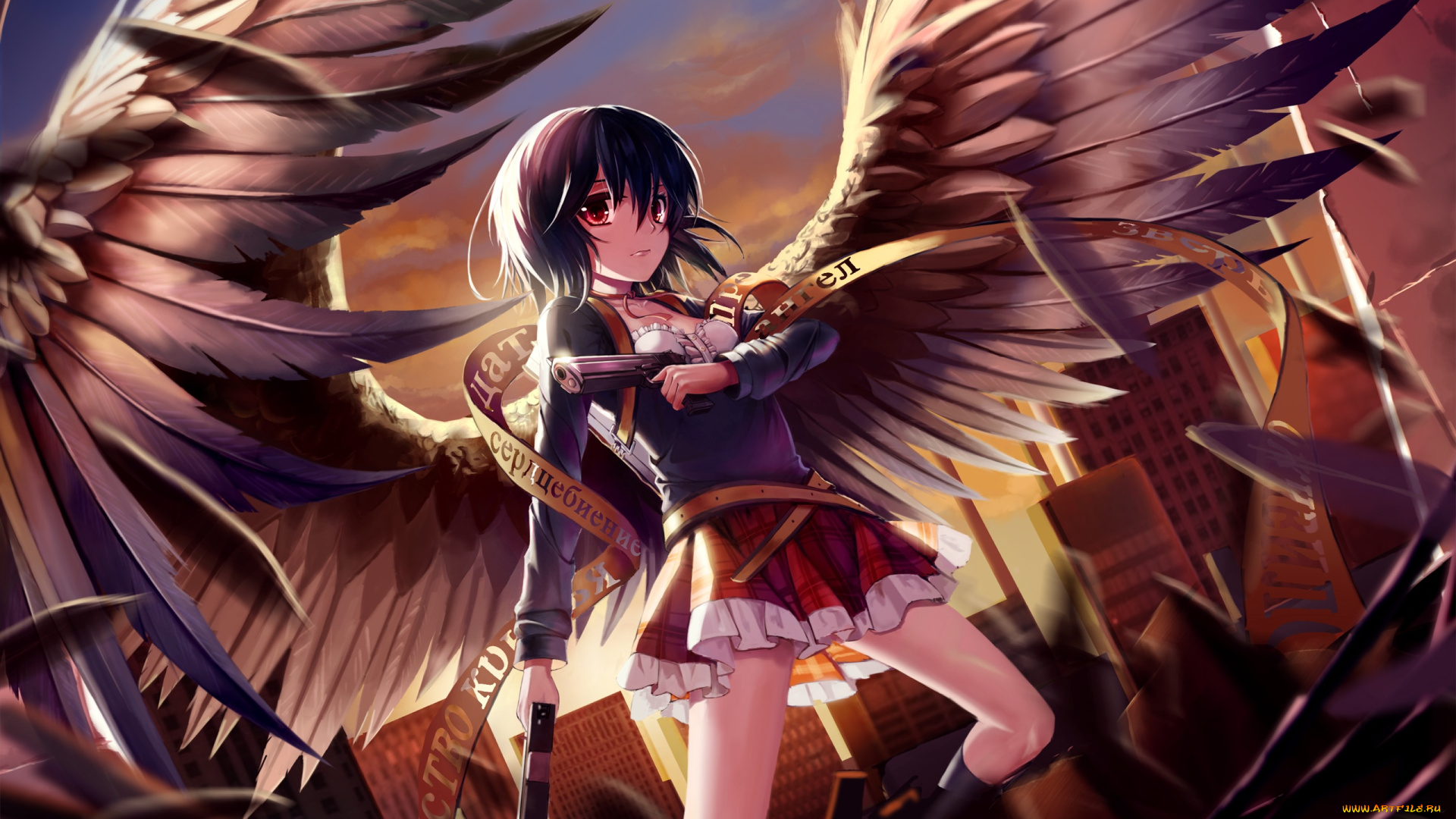 аниме, ангелы, , демоны, kin, toki, лента, крылья, оружие, пистолеты, ангел, девушка, арт