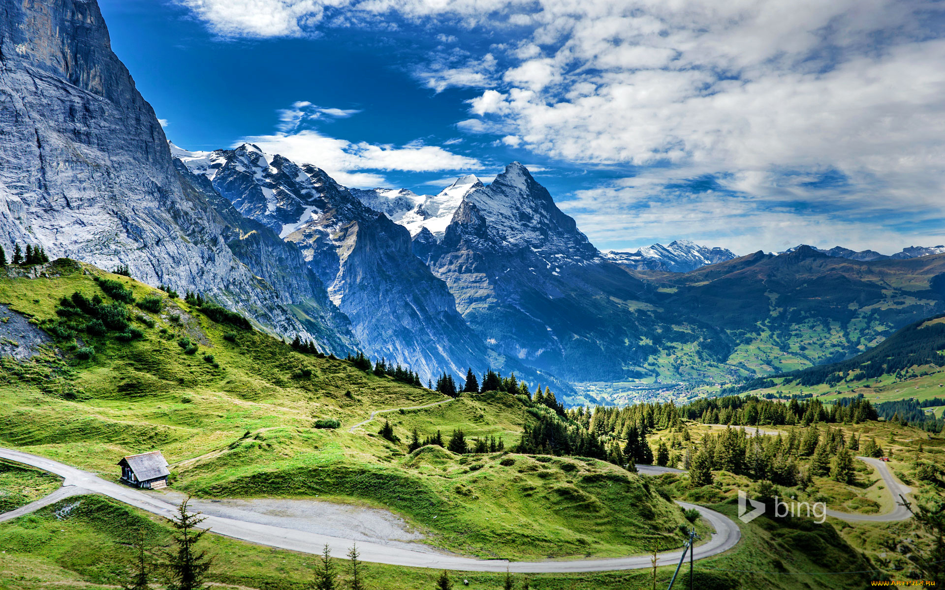 природа, горы, перевал, дорога, дом, швейцария, эйгер