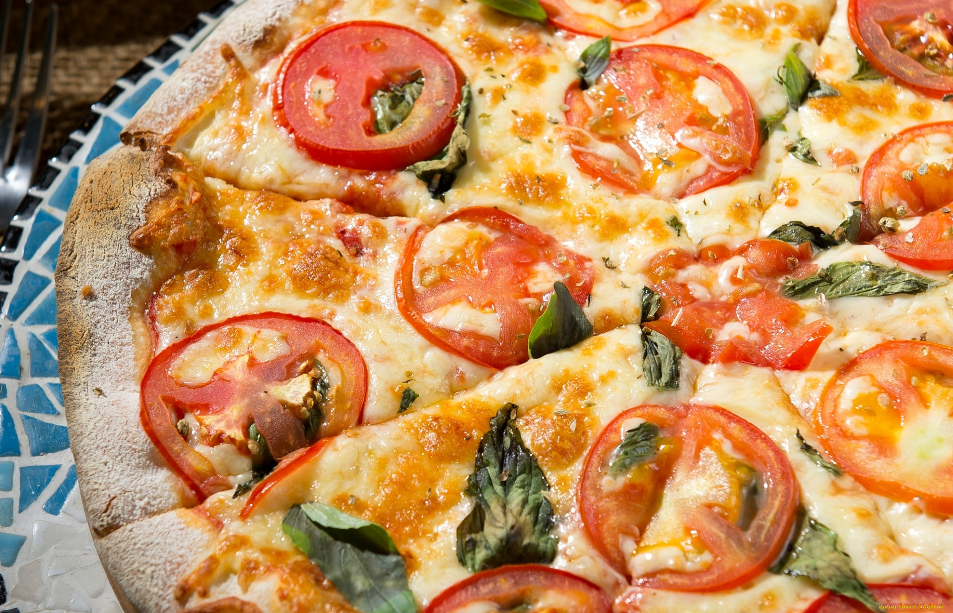 еда, пицца, помидоры, сыр, макро, базилик