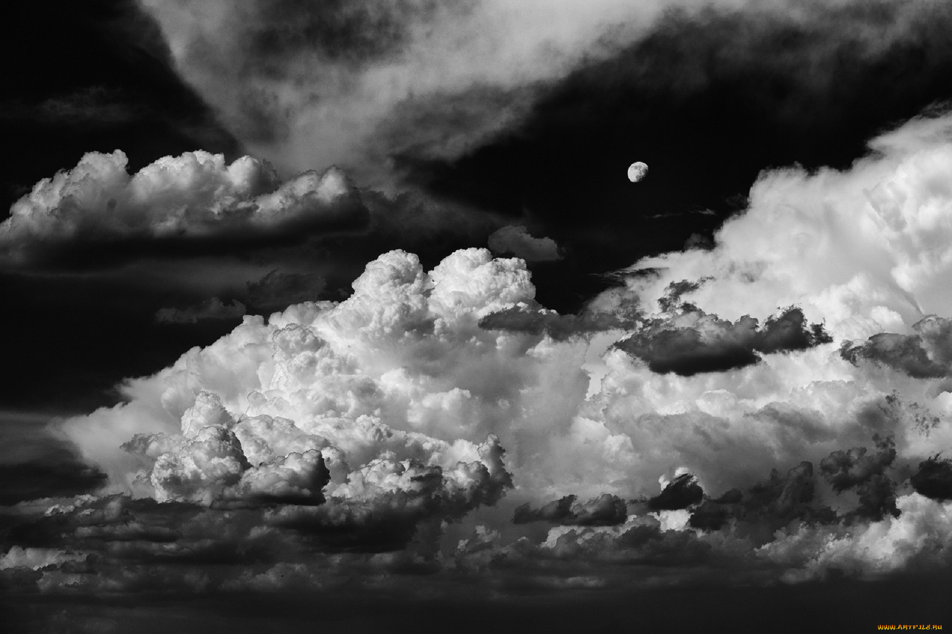природа, облака, чёрно-белое, фото, луна