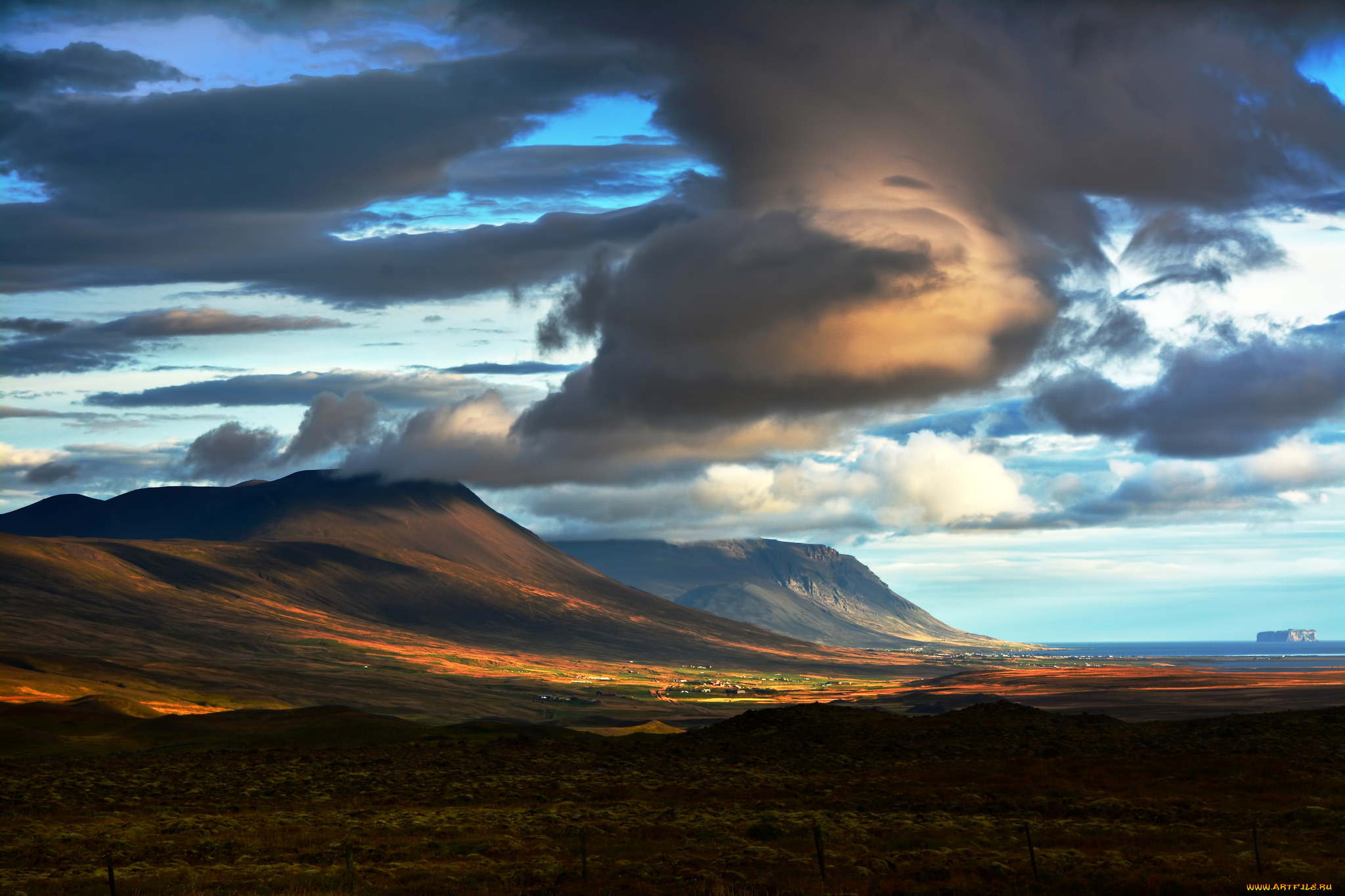 природа, горы, исландия, восход, облака, тени