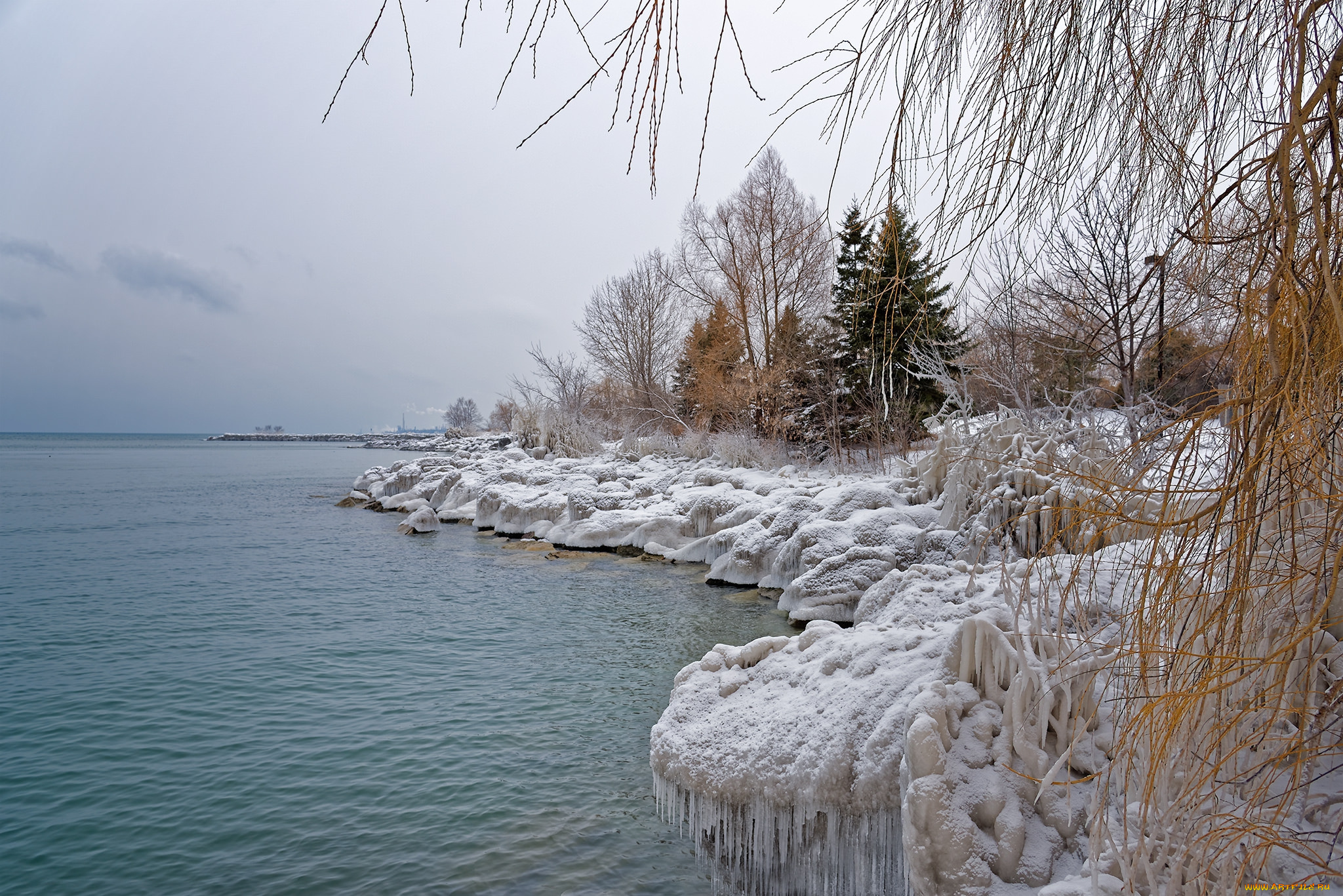 природа, зима, сосульки, снег, река, лес