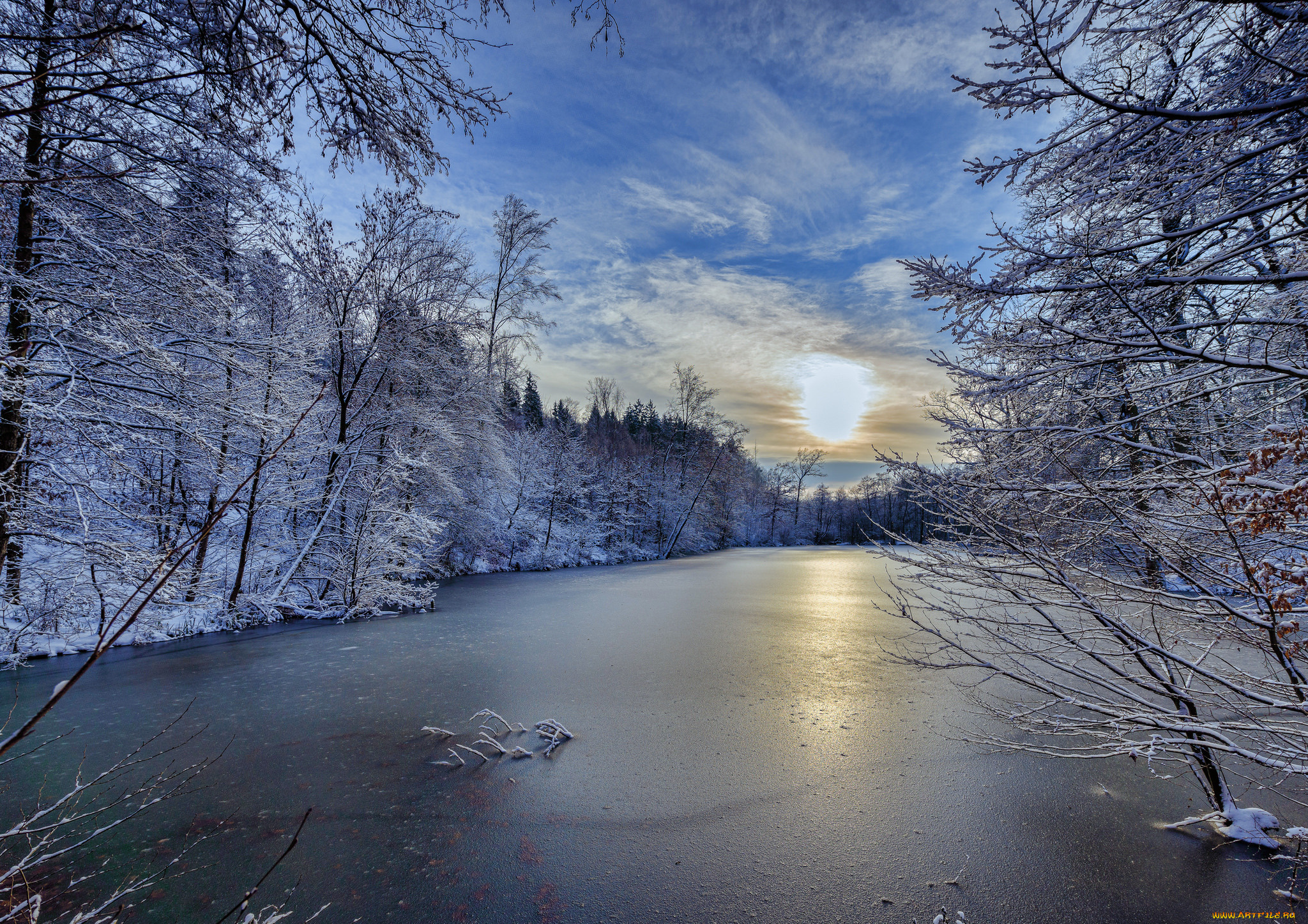 природа, зима, снег, лес, озеро