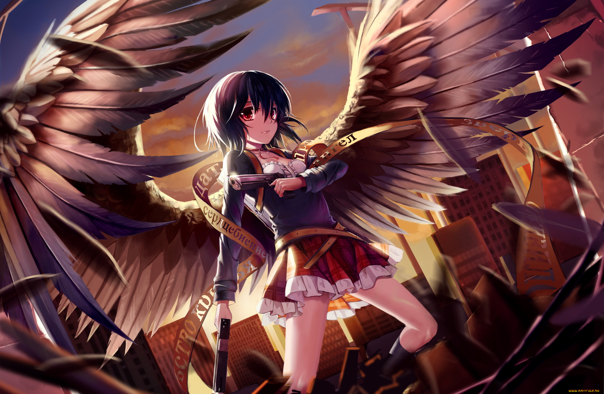 аниме, ангелы, , демоны, kin, toki, лента, крылья, оружие, пистолеты, ангел, девушка, арт