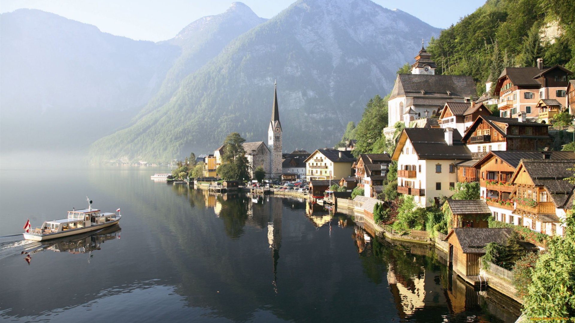 hallstatt, , upper, austria, города, -, пейзажи, катер, горы, озеро, башня, здания, дома