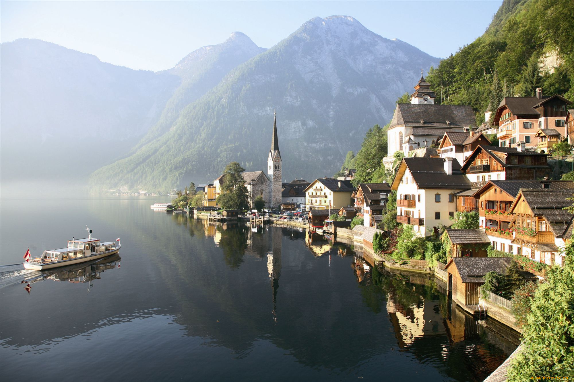 hallstatt, , upper, austria, города, -, пейзажи, катер, горы, озеро, башня, здания, дома