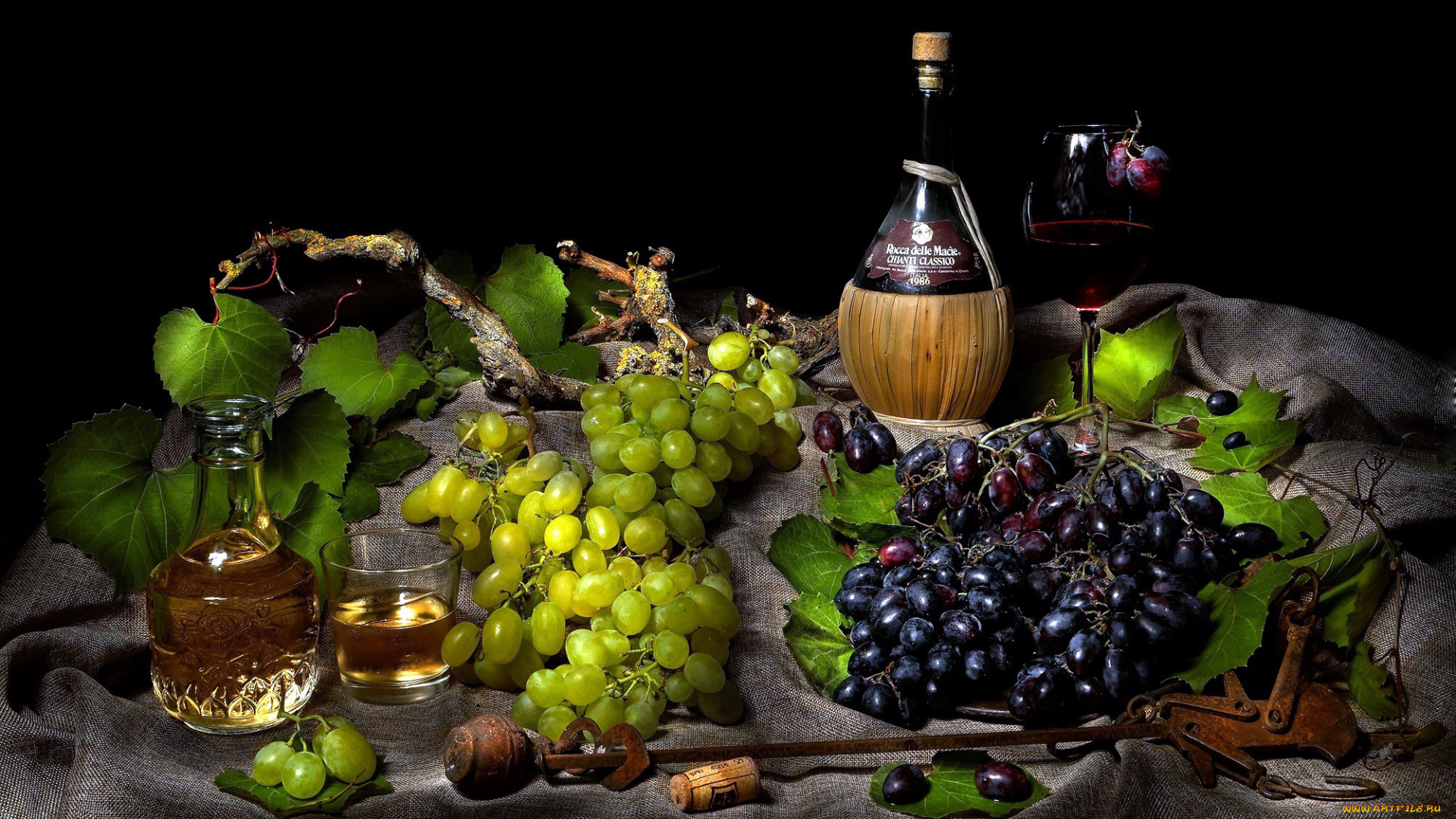 еда, виноград, вино, бокал, бутылка, графин