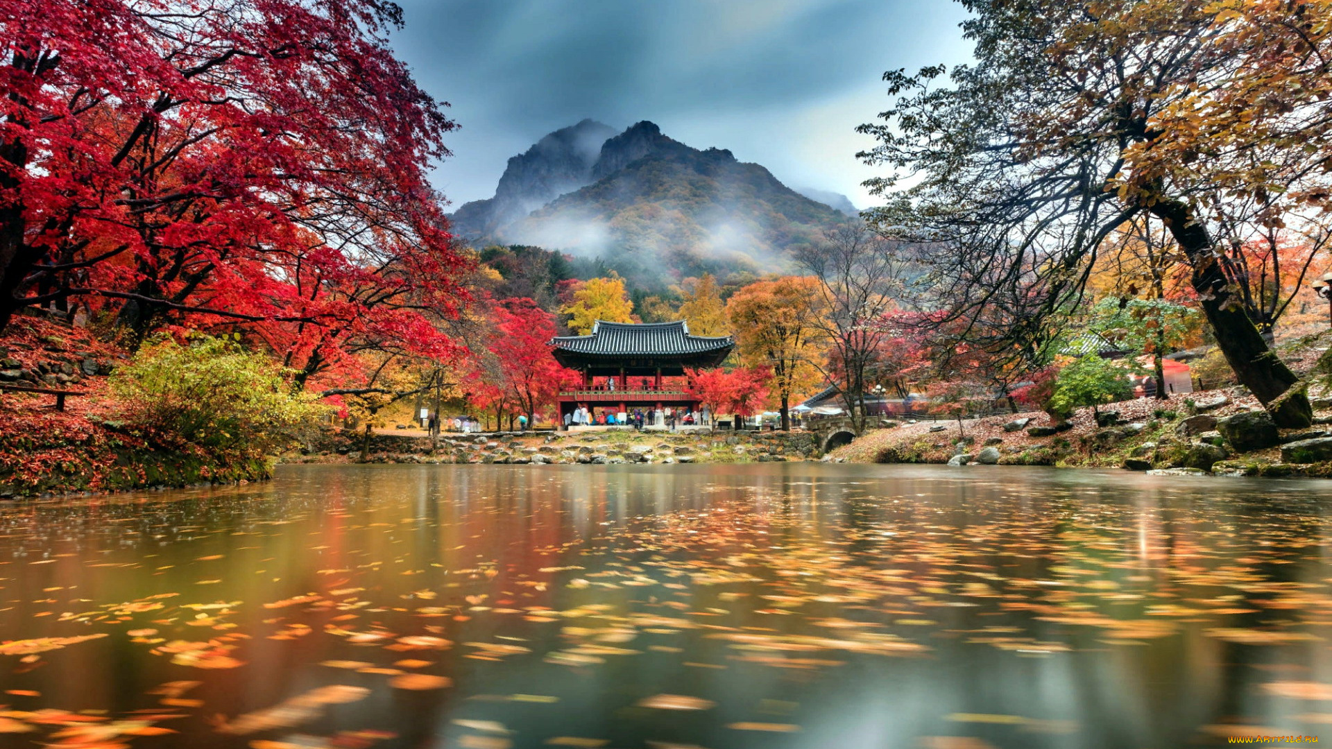 природа, парк, листопад, осень, пагода, водоем, горы