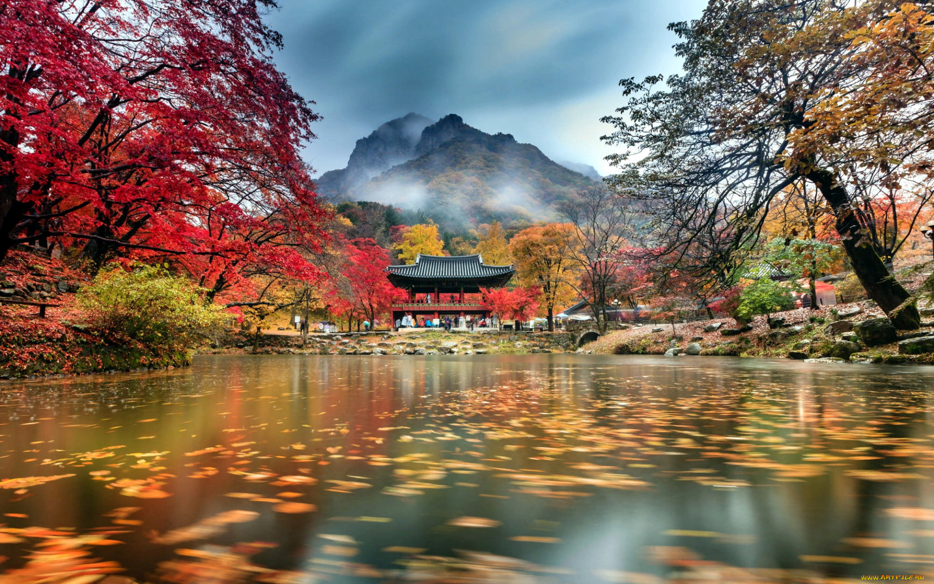 природа, парк, листопад, осень, пагода, водоем, горы