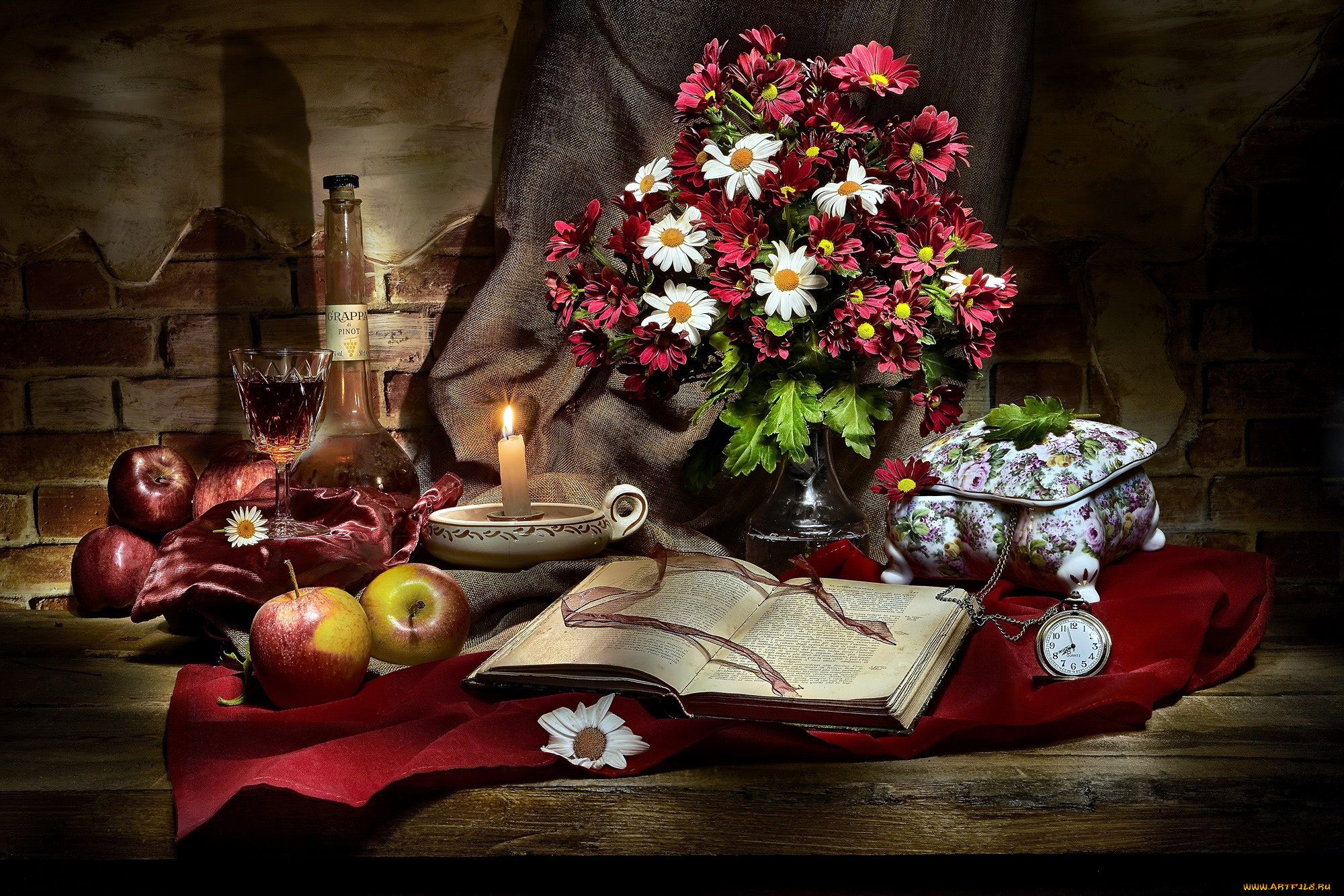 еда, натюрморт, свеча, книга, букет, яблоки, вино