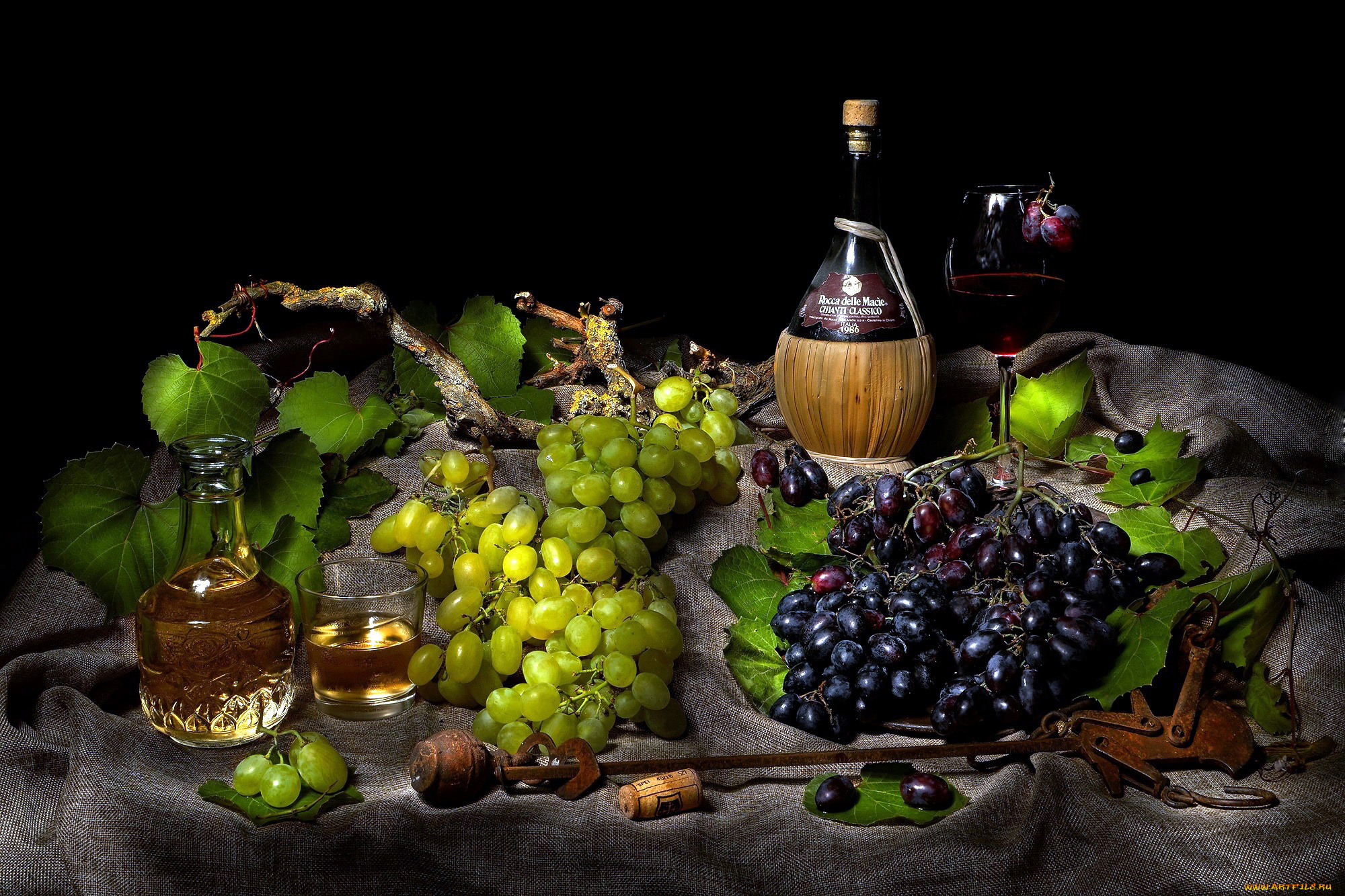 еда, виноград, вино, бокал, бутылка, графин