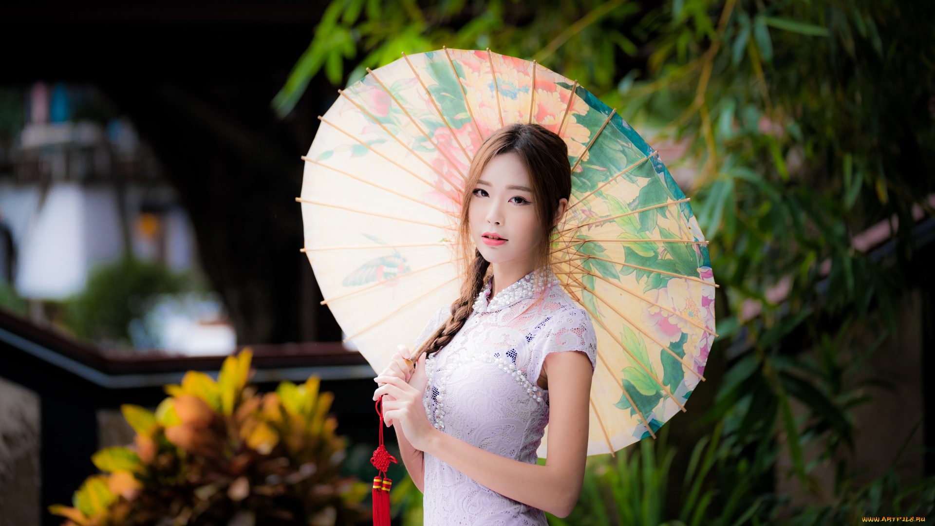 девушки, -, азиатки, зонт, коса, платье, сад
