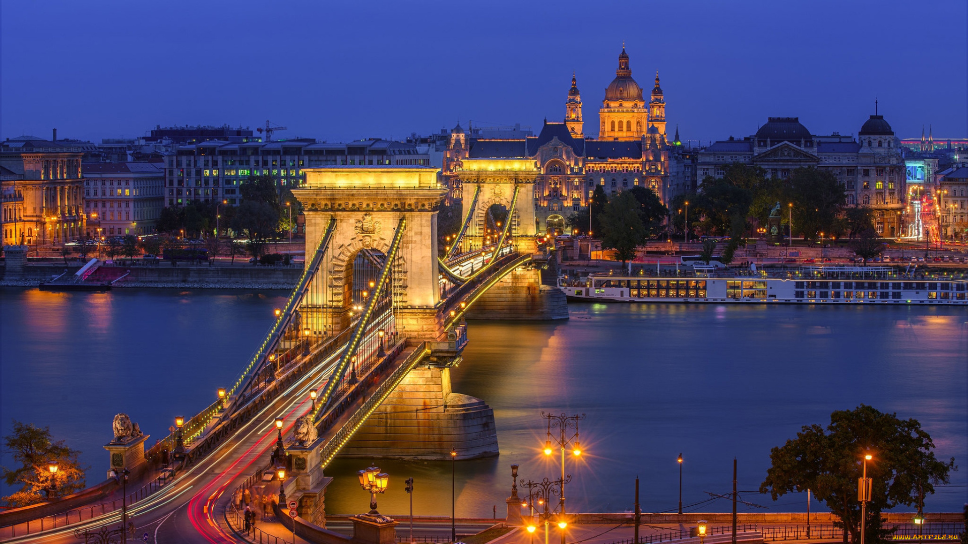 города, будапешт, , венгрия, река, дунай, мост, вечер, огни