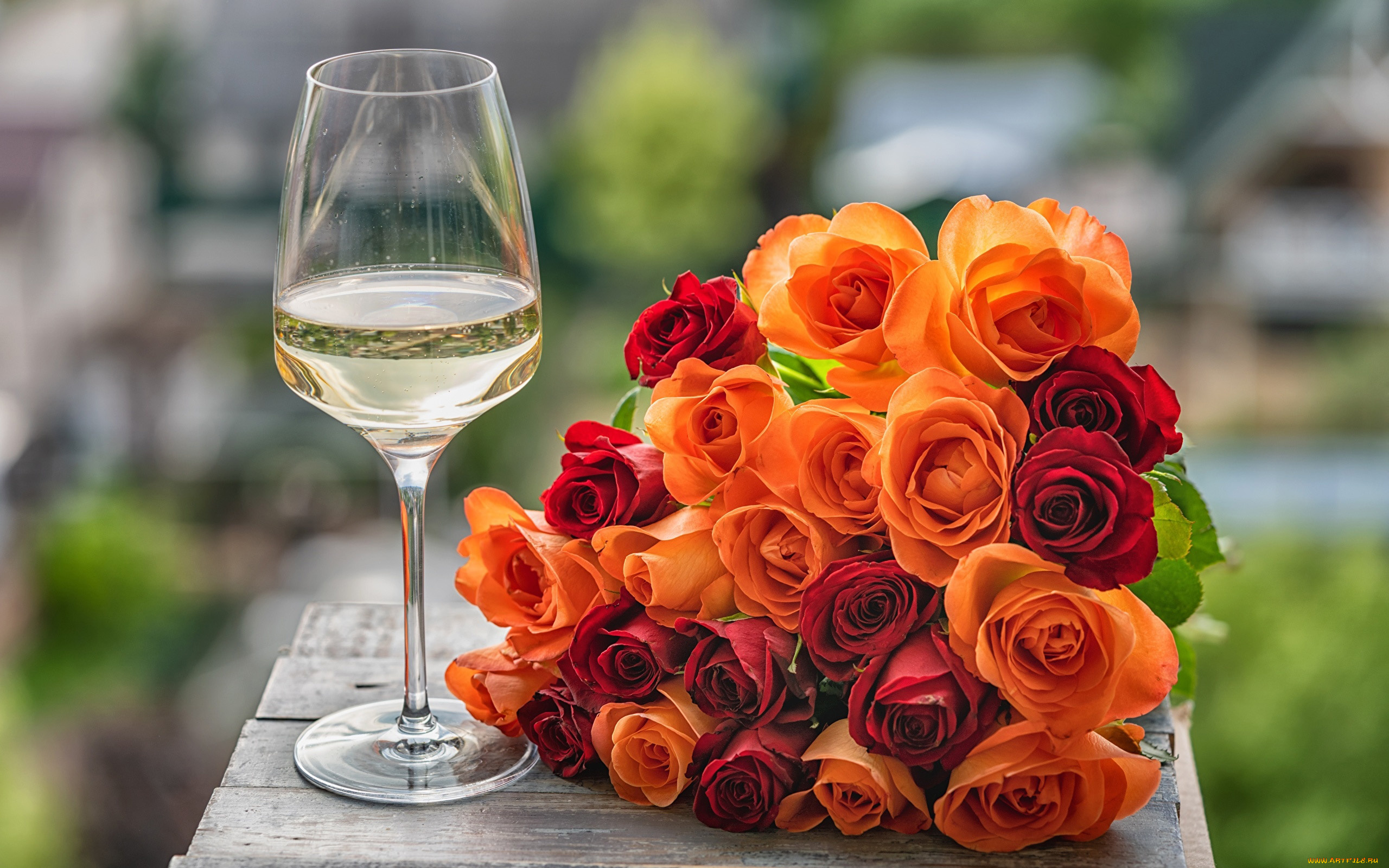цветы, розы, букет, бокал, вино