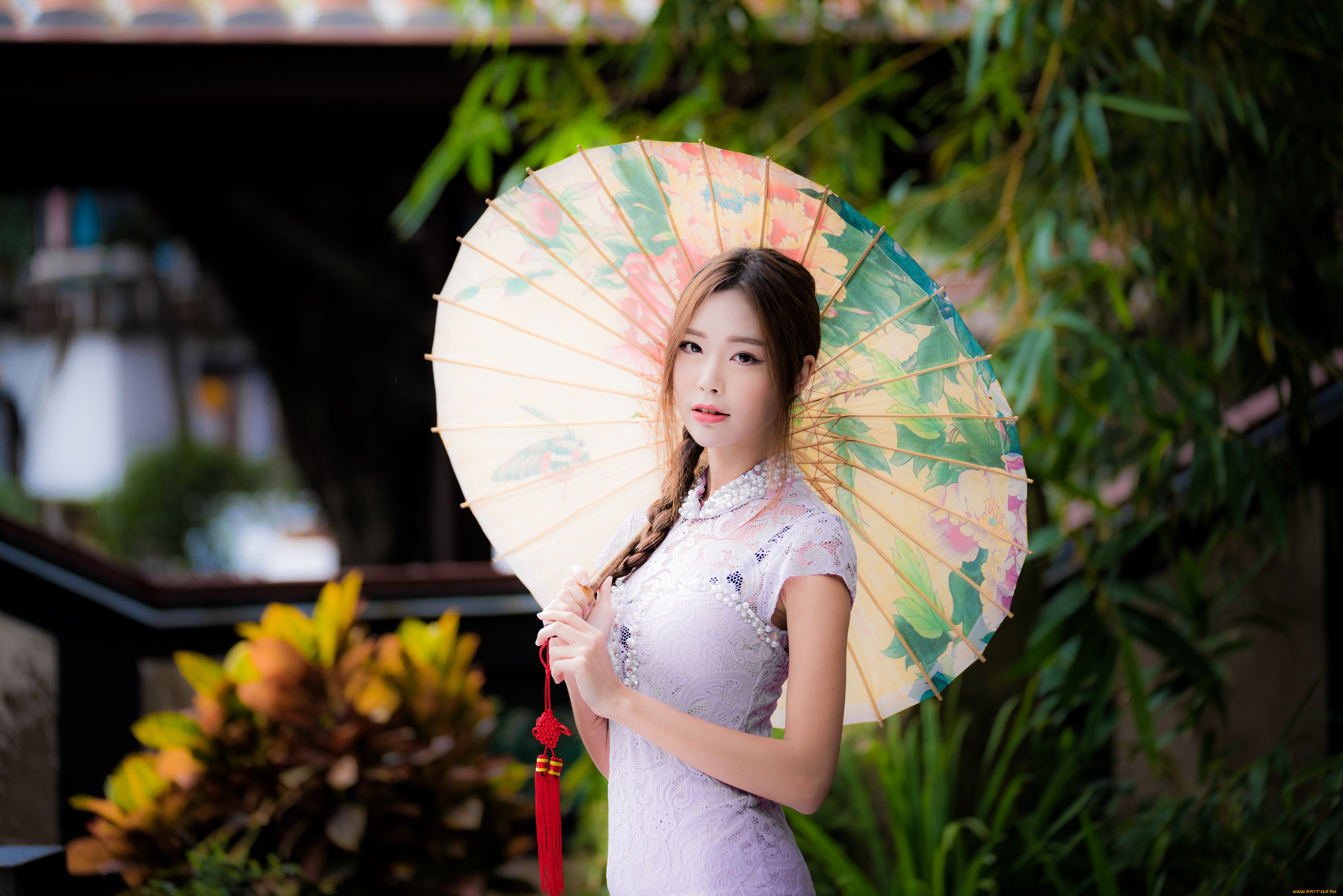 девушки, -, азиатки, зонт, коса, платье, сад