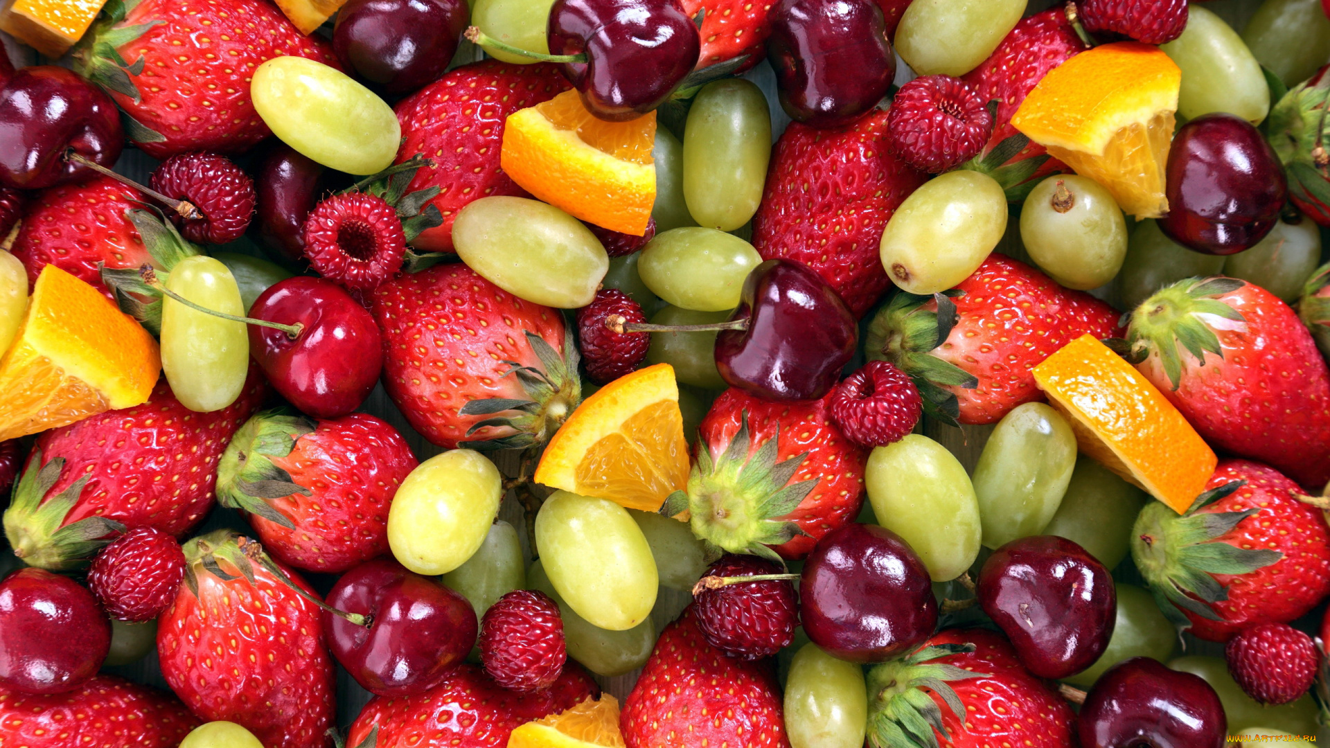 еда, фрукты, , ягоды, клубника, вишни, виноград, малина, апельсин