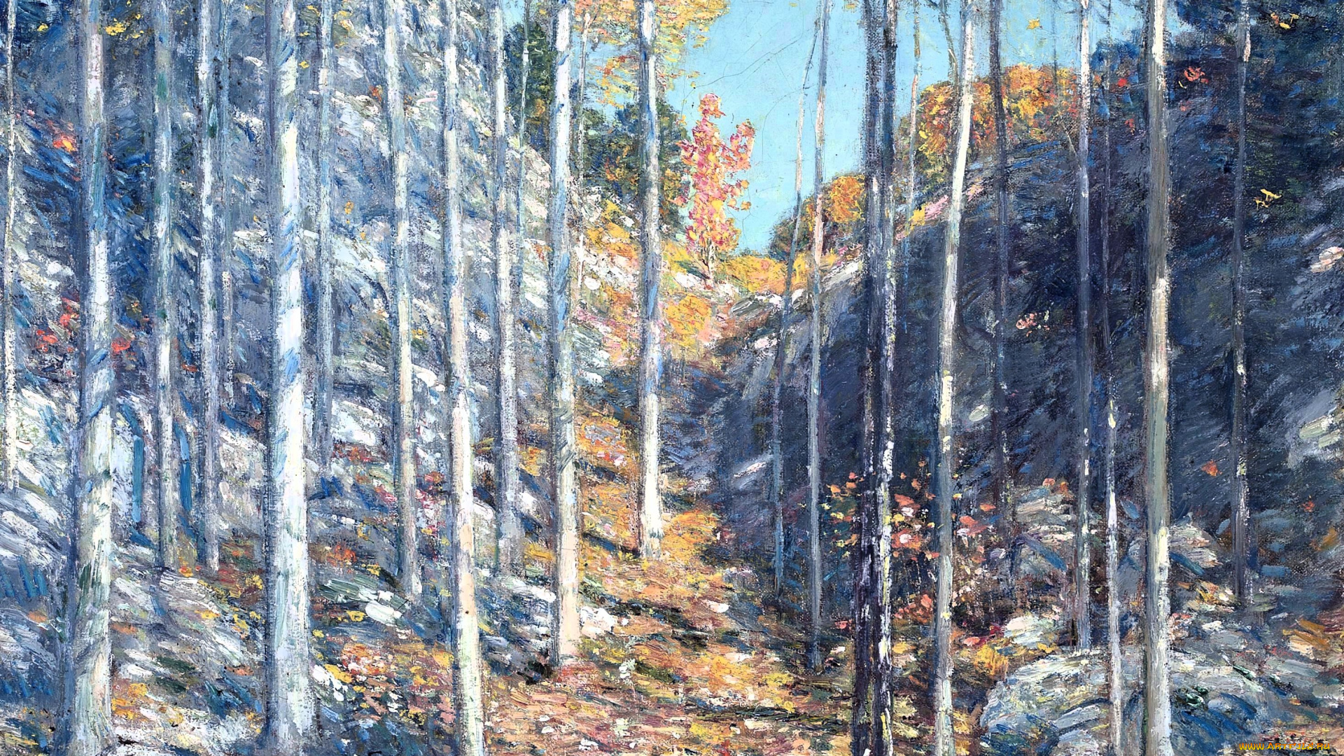 рисованное, frederick, childe, hassam, лес, осень, скалы