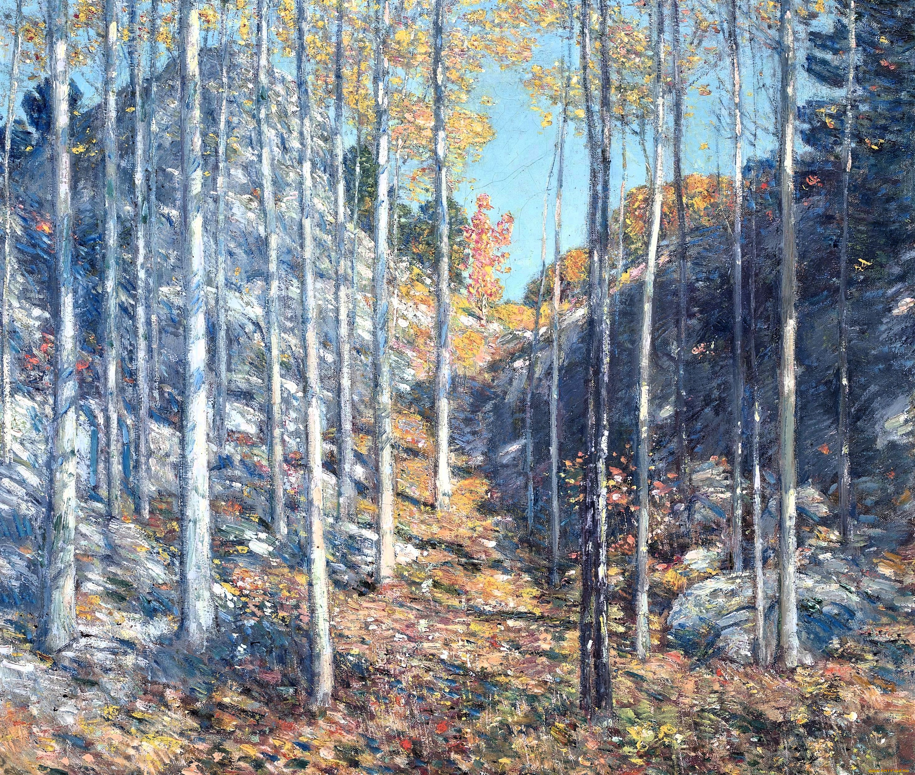 рисованное, frederick, childe, hassam, лес, осень, скалы