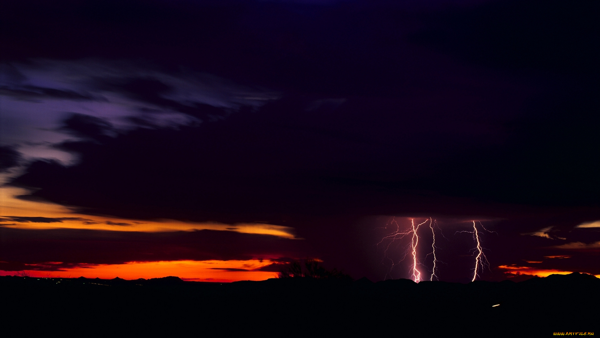 stormy, sunset, природа, молния, гроза