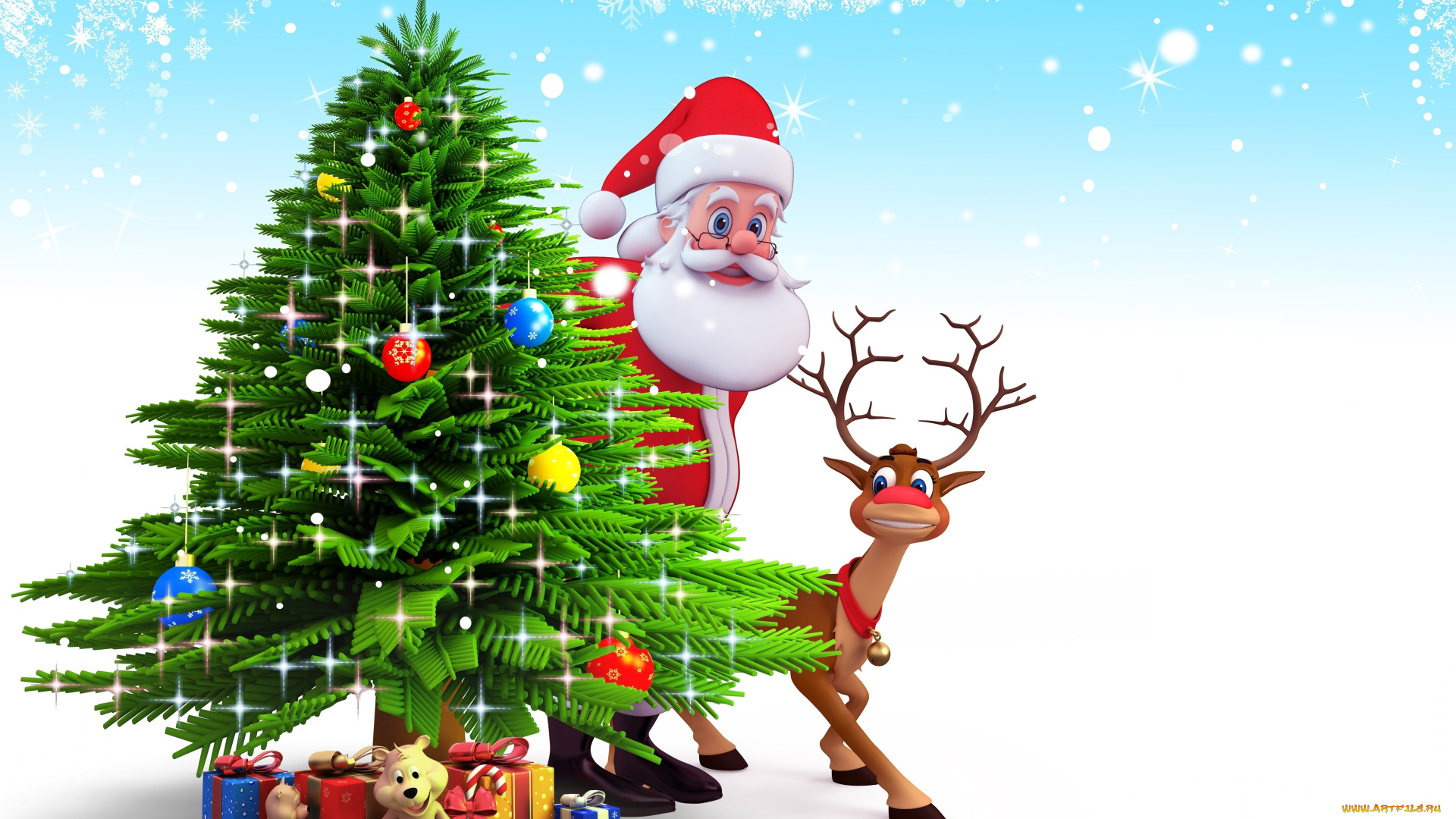 праздничные, векторная, графика, новый, год, санта, клаус, олень, подарки, елка
