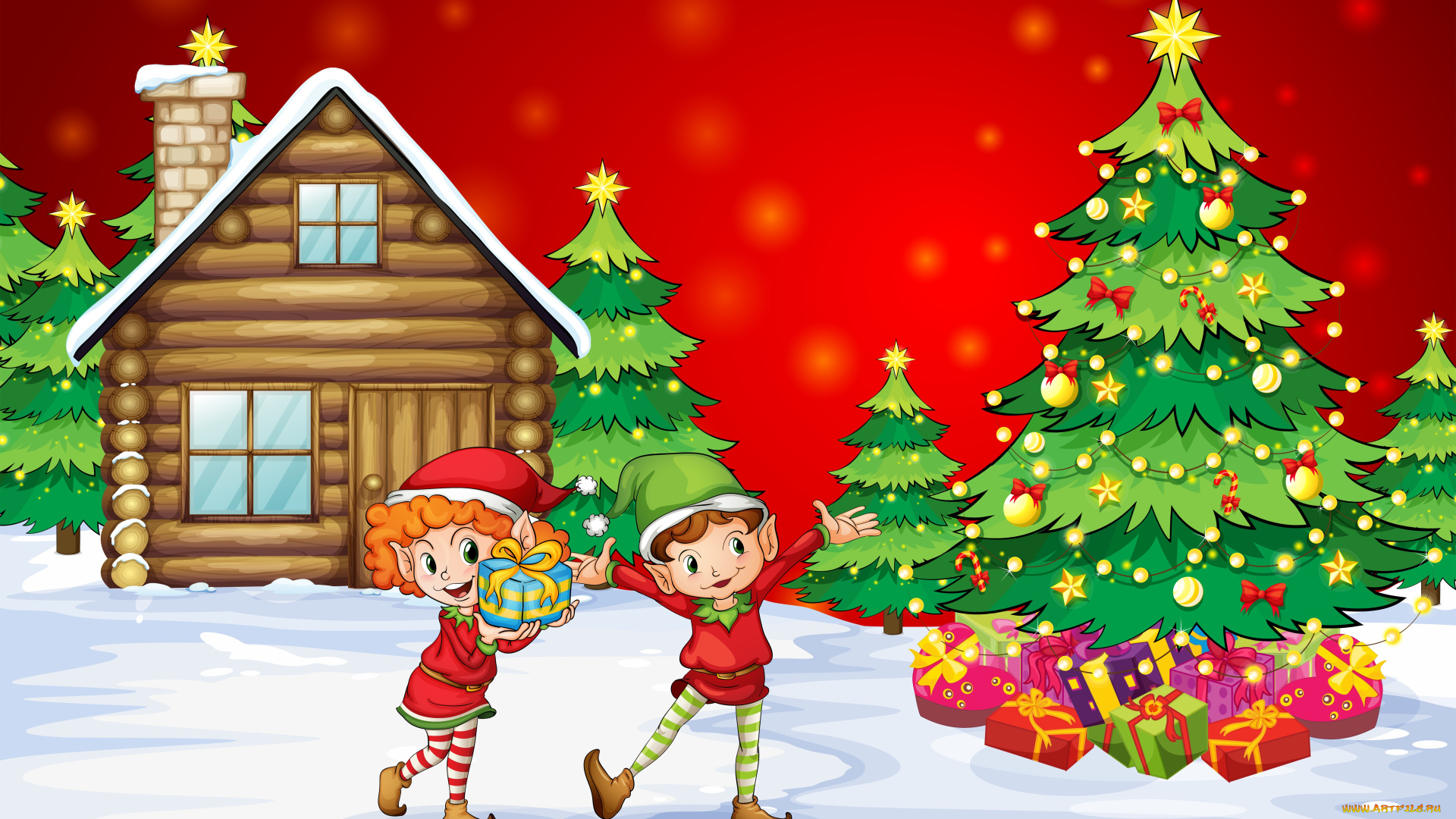 праздничные, векторная, графика, новый, год, мальчик, дома, рождество, обычаи, дети, снег, счастье, новогодняя, елка, подарки, девочка