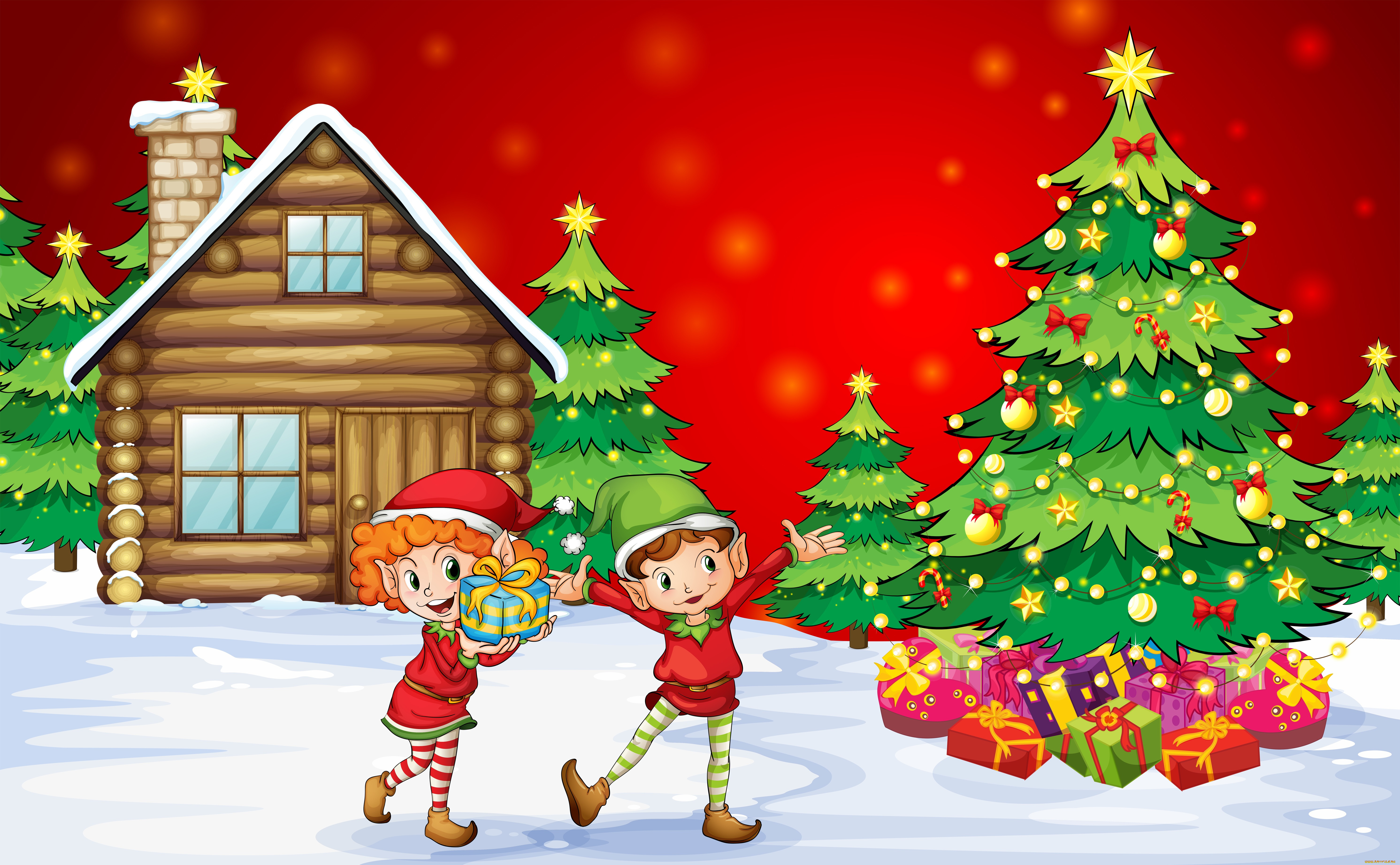 праздничные, векторная, графика, новый, год, мальчик, дома, рождество, обычаи, дети, снег, счастье, новогодняя, елка, подарки, девочка
