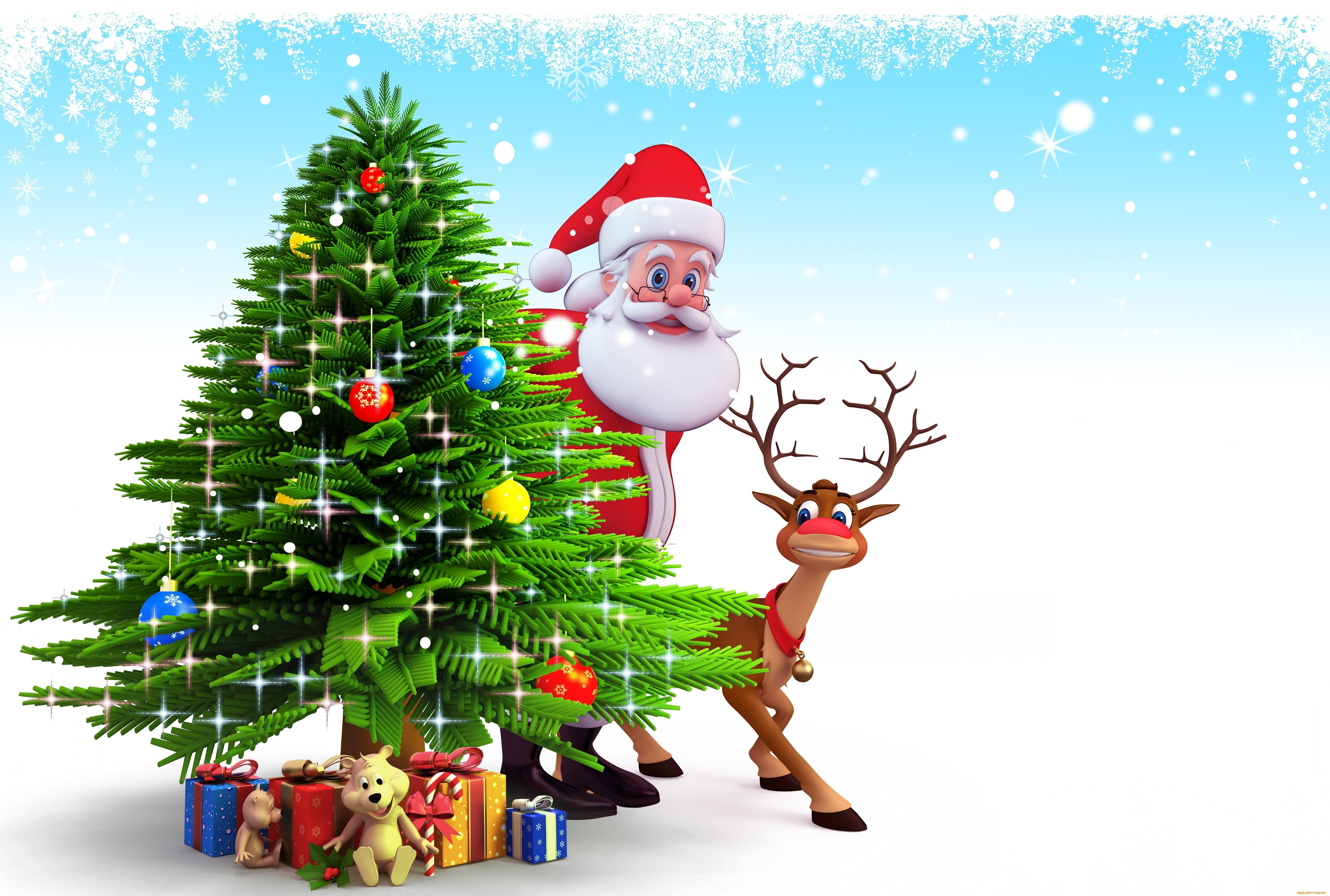 праздничные, векторная, графика, новый, год, санта, клаус, олень, подарки, елка